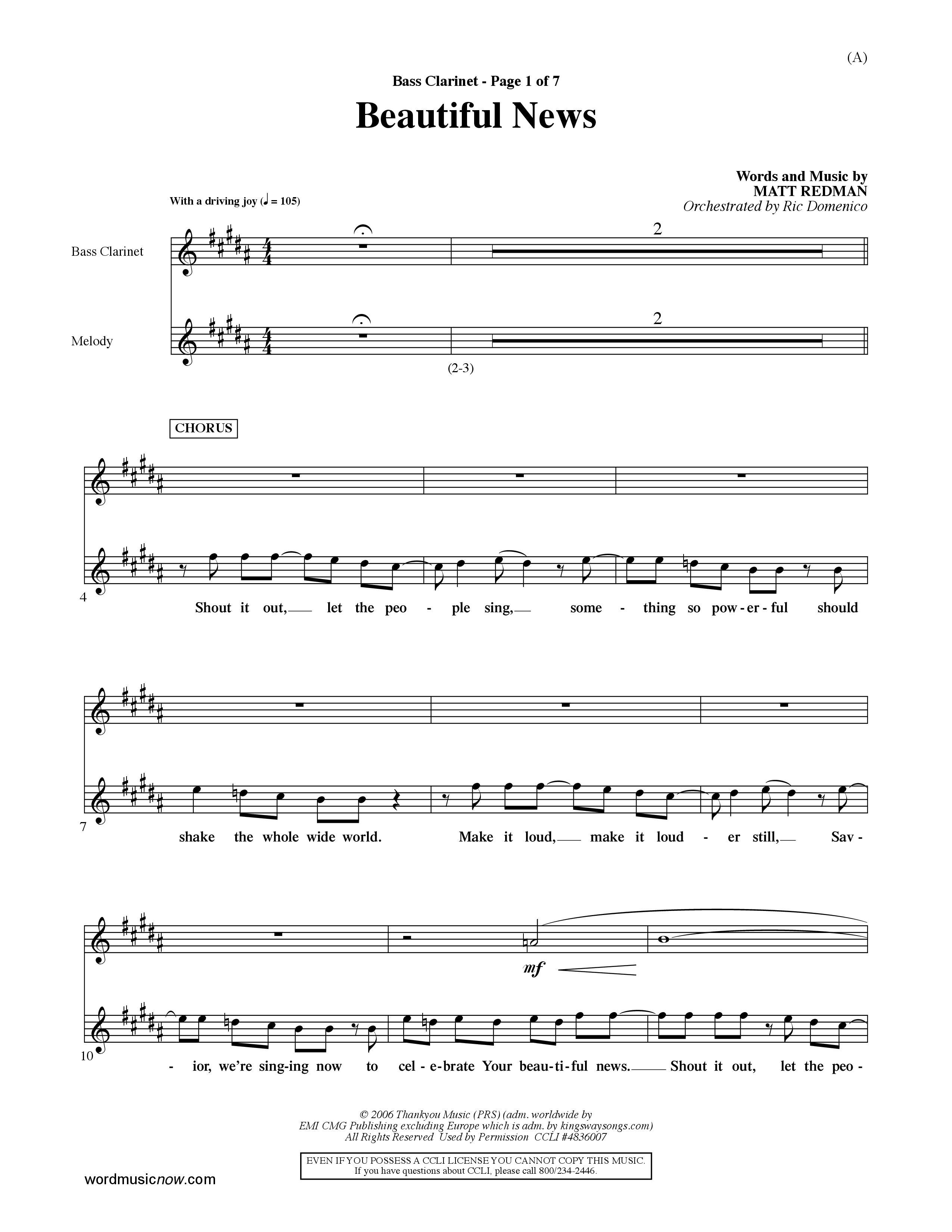Beautiful News (Choral Anthem SATB) Bass Clarinet (Word Music Choral / Orch. Ric Domenico)