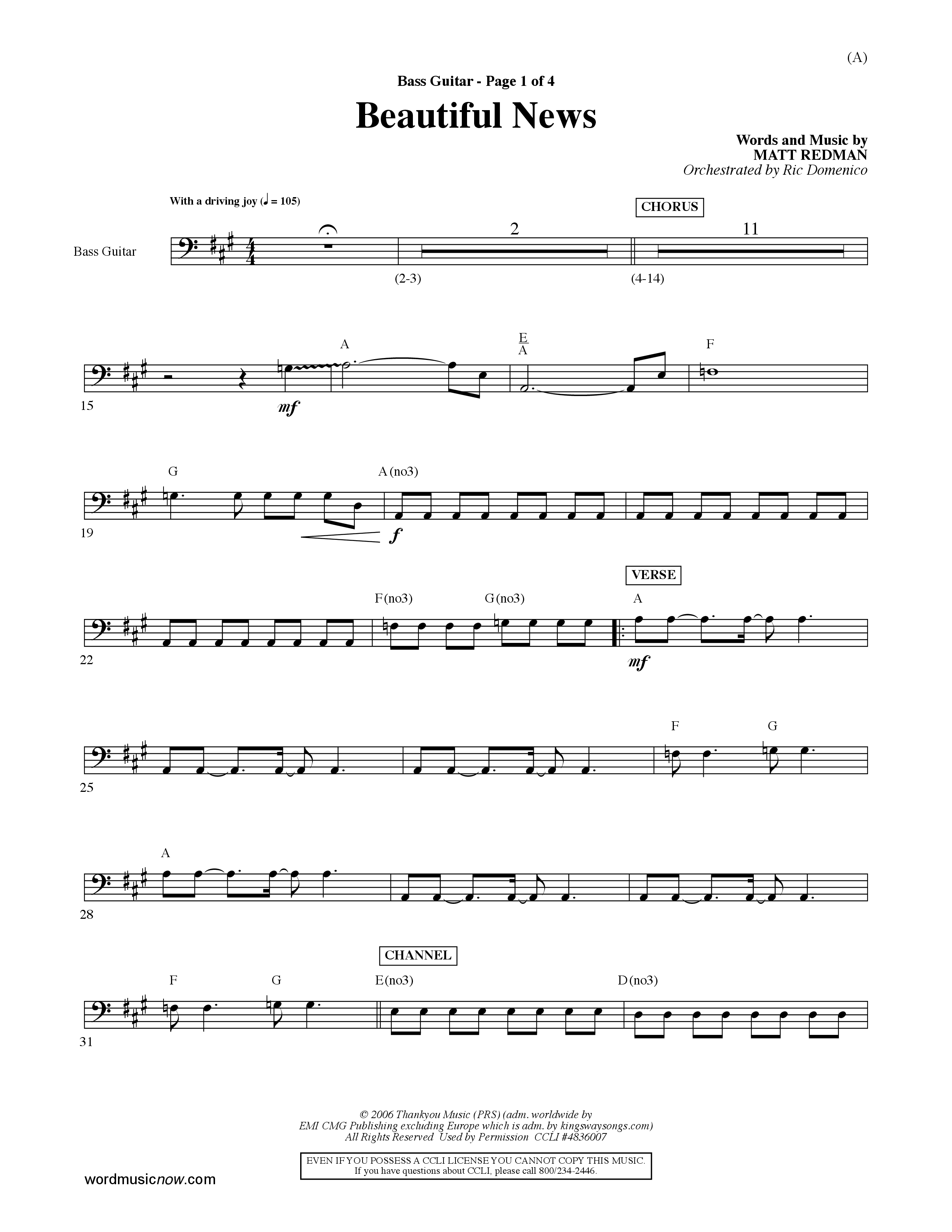 Beautiful News (Choral Anthem SATB) Bass Guitar (Word Music Choral / Orch. Ric Domenico)