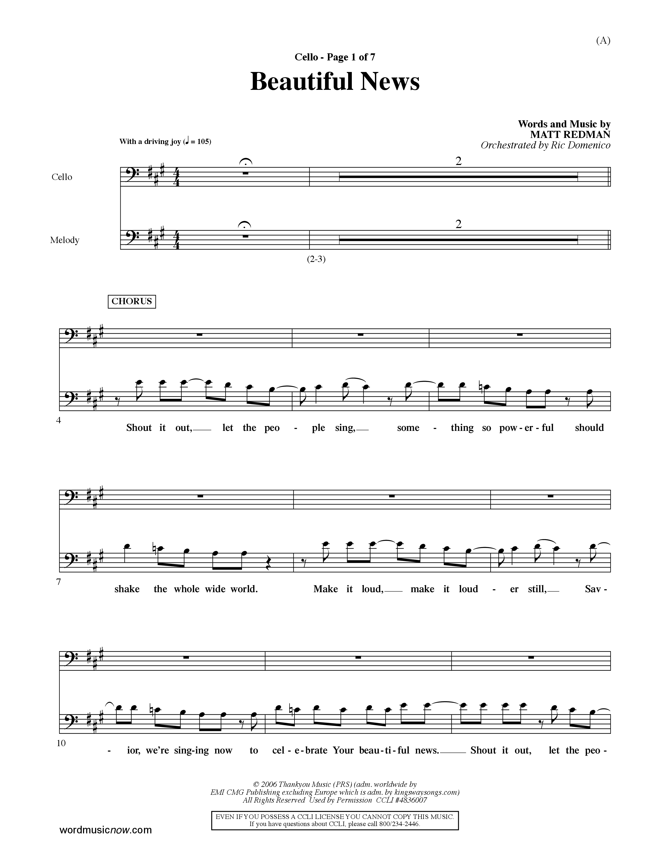 Beautiful News (Choral Anthem SATB) Cello (Word Music Choral / Orch. Ric Domenico)