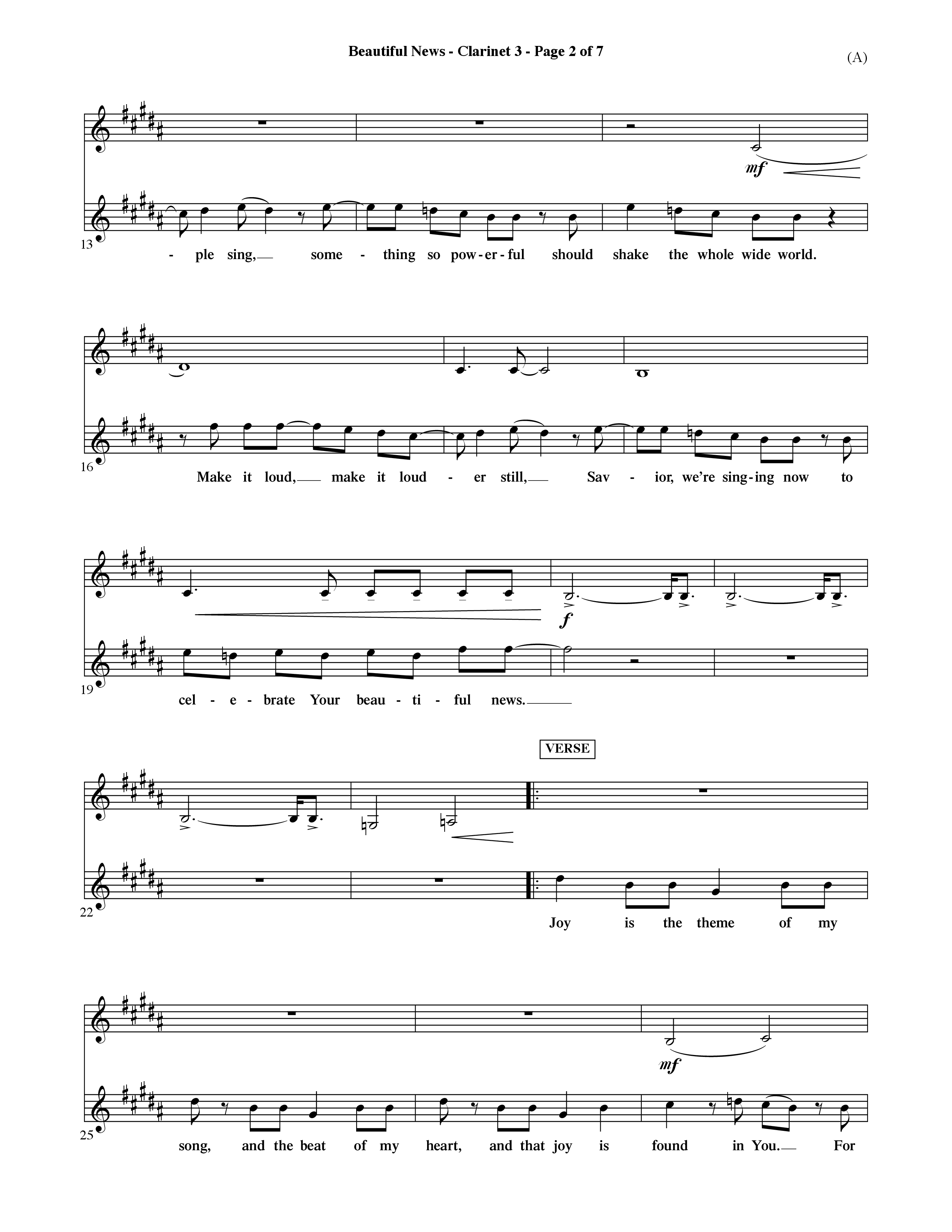 Beautiful News (Choral Anthem SATB) Clarinet 3 (Word Music Choral / Orch. Ric Domenico)