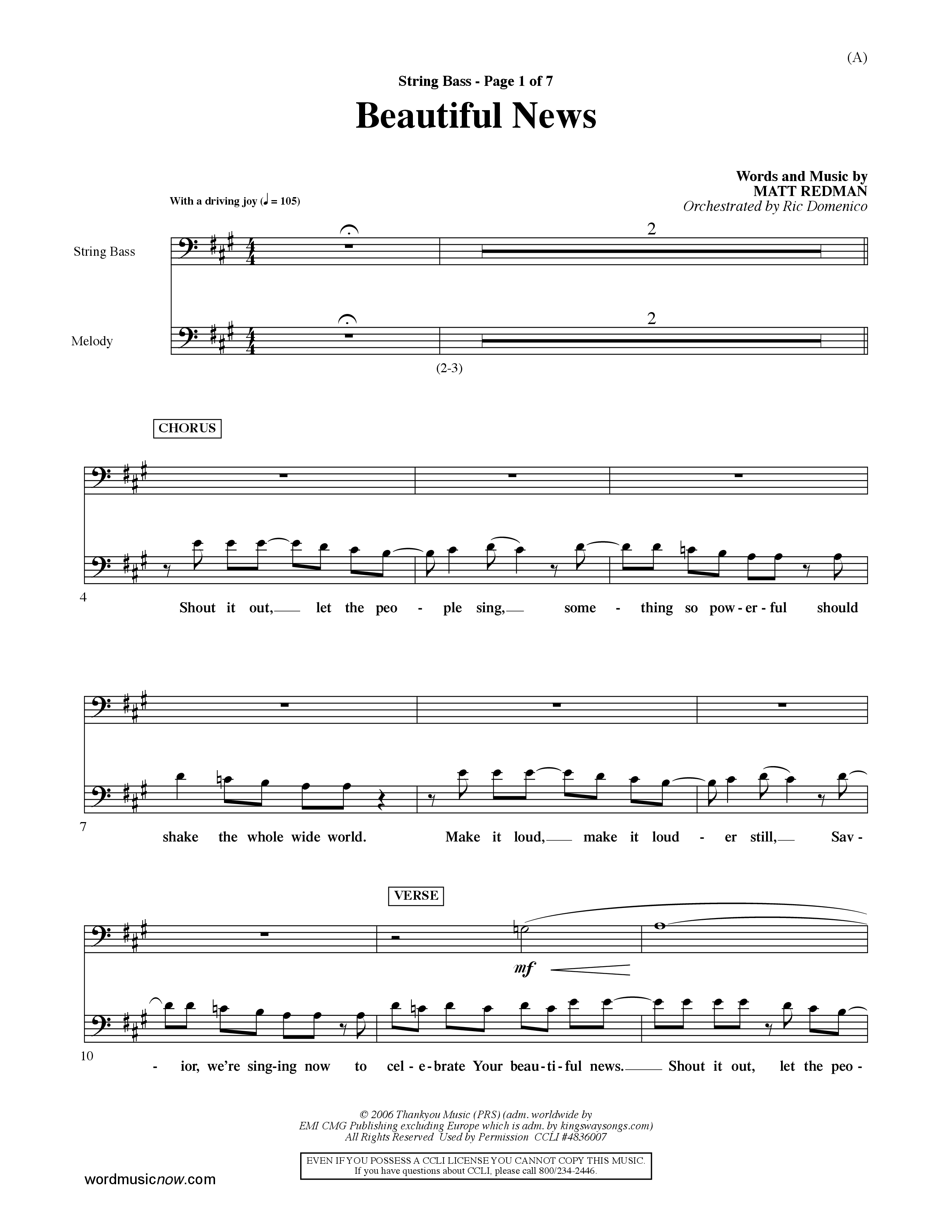 Beautiful News (Choral Anthem SATB) Double Bass (Word Music Choral / Orch. Ric Domenico)