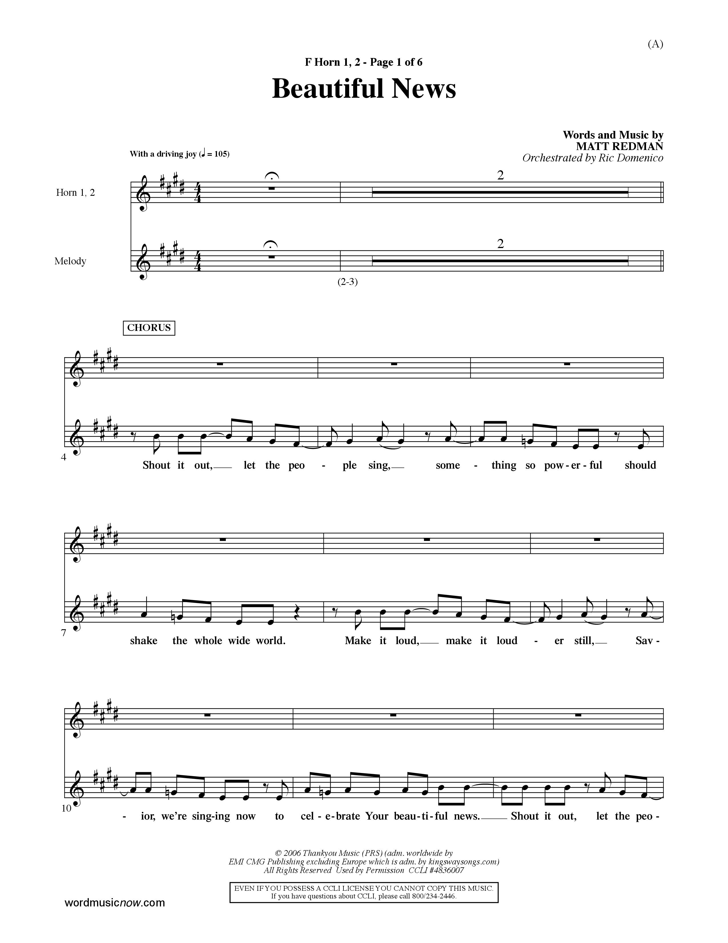 Beautiful News (Choral Anthem SATB) French Horn (Word Music Choral / Orch. Ric Domenico)