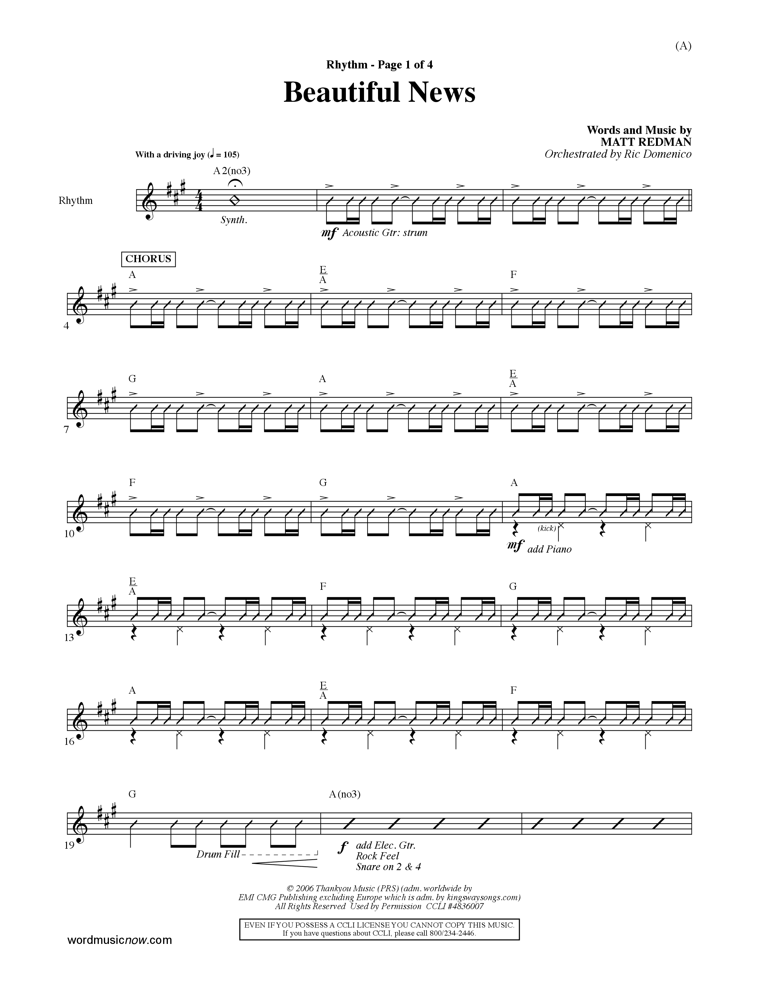 Beautiful News (Choral Anthem SATB) Rhythm Chart (Word Music Choral / Orch. Ric Domenico)