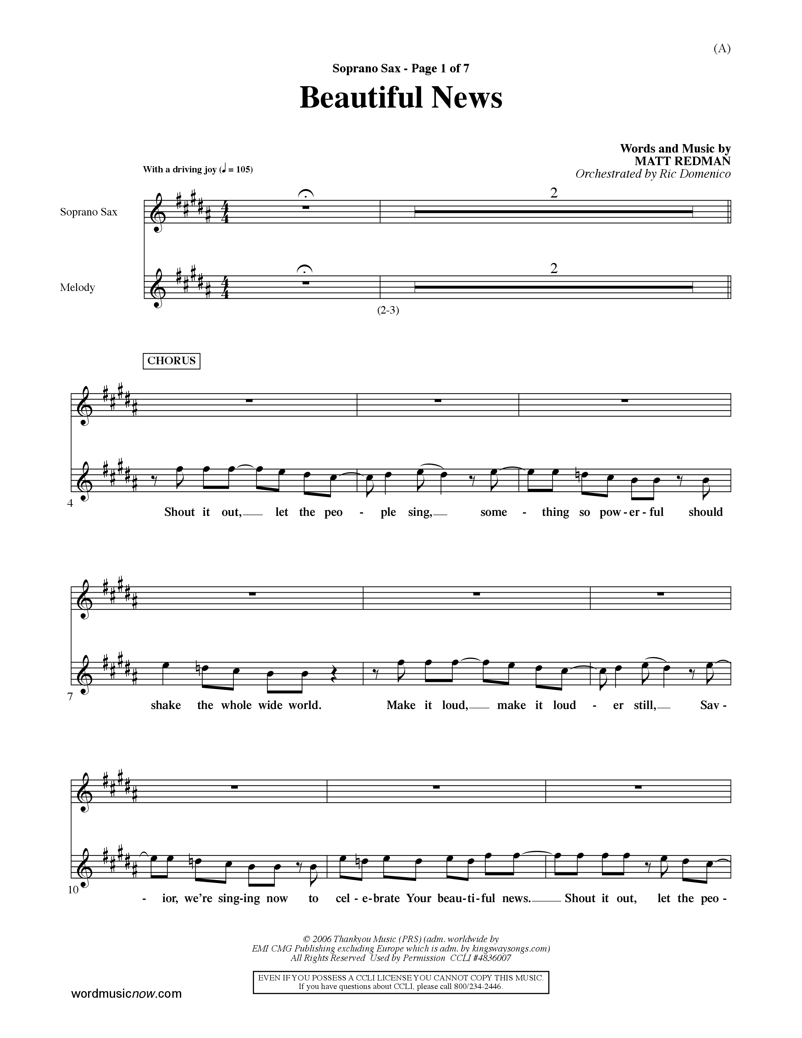 Beautiful News (Choral Anthem SATB) Saxophone (Word Music Choral / Orch. Ric Domenico)