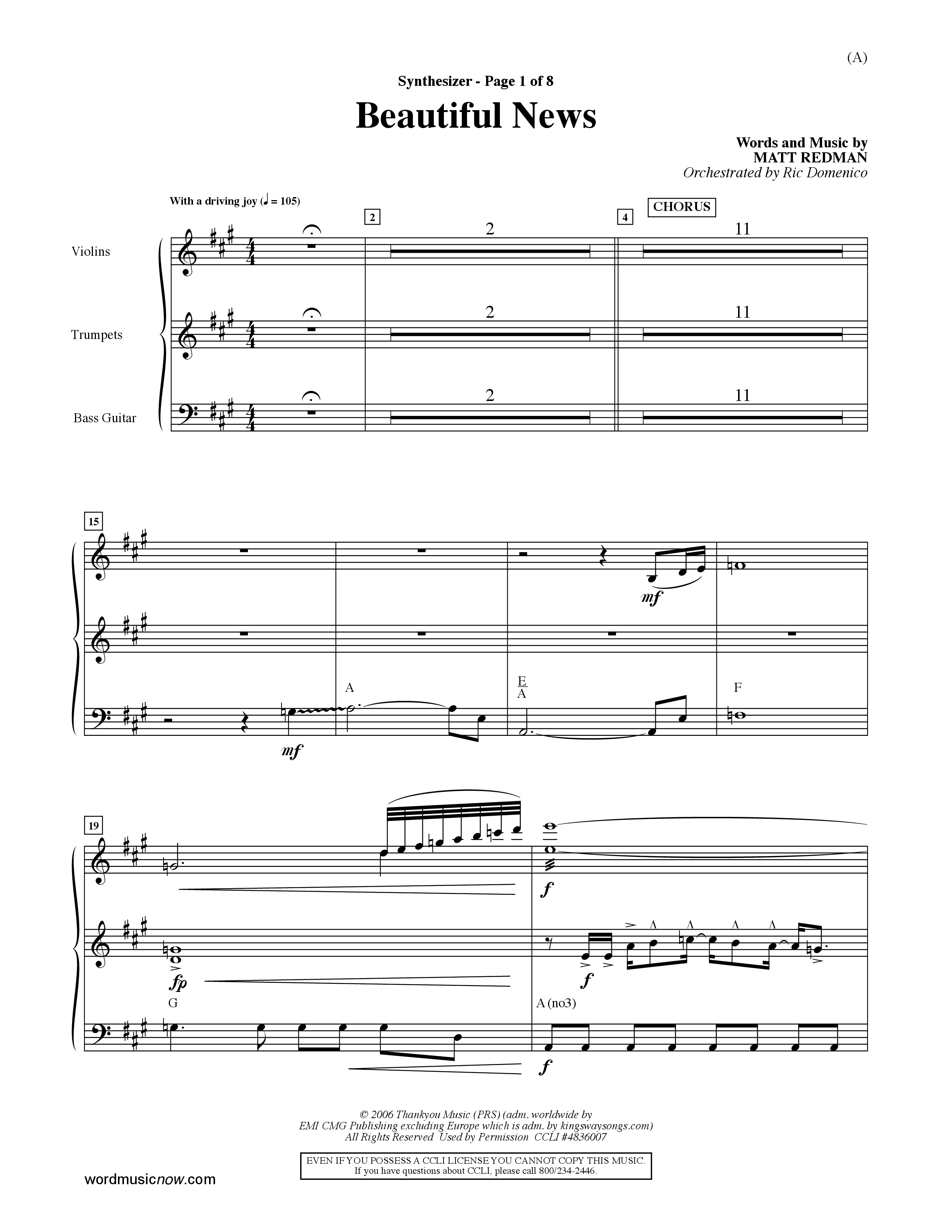 Beautiful News (Choral Anthem SATB) Synth (Word Music Choral / Orch. Ric Domenico)