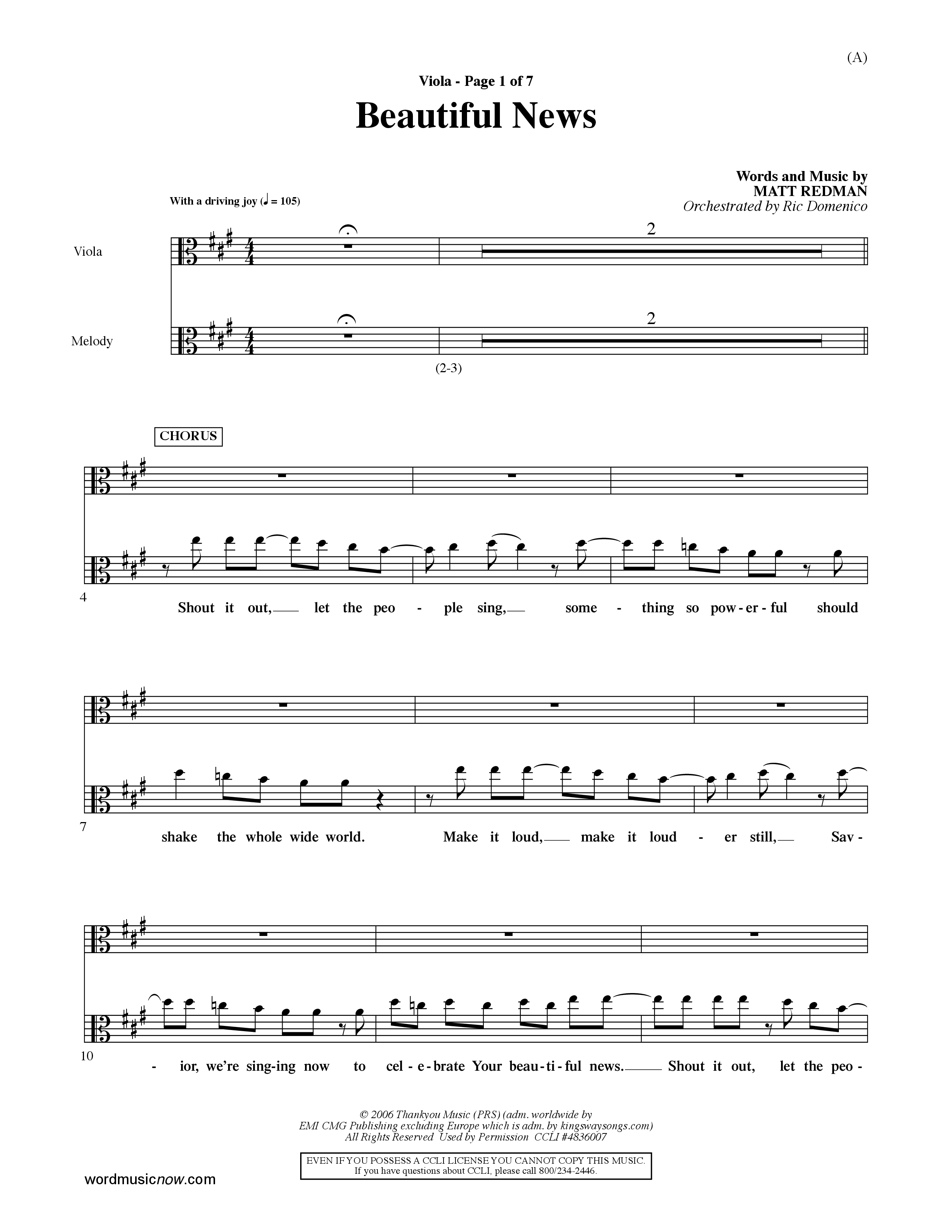 Beautiful News (Choral Anthem SATB) Viola (Word Music Choral / Orch. Ric Domenico)
