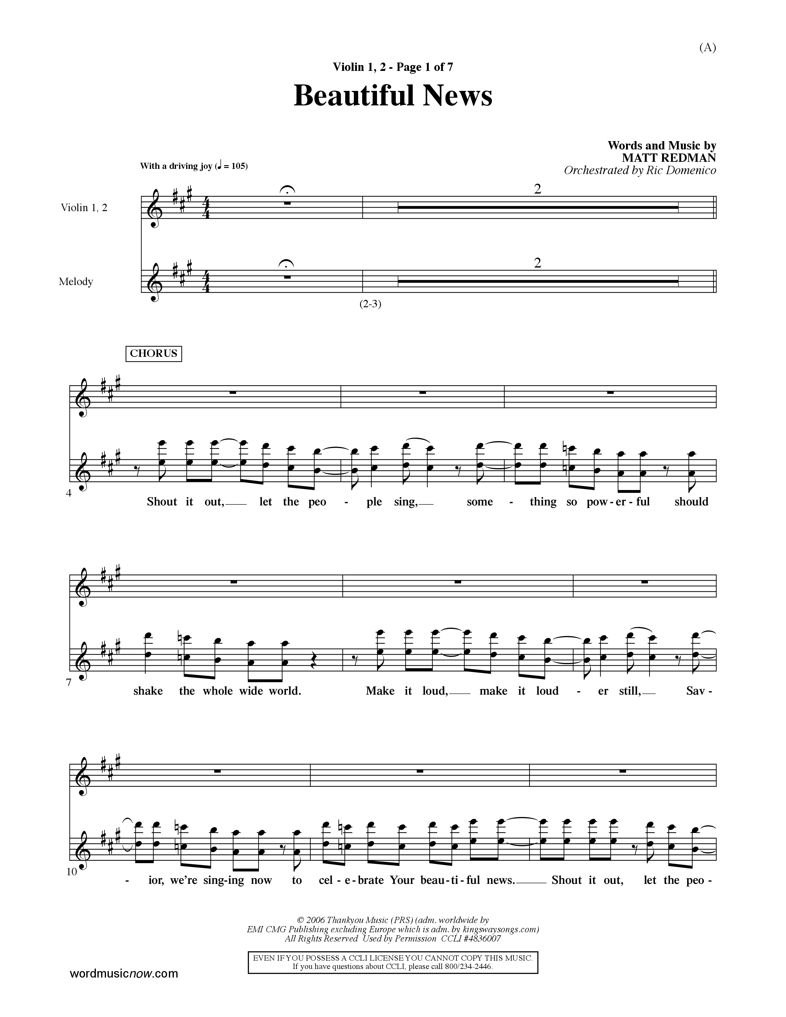 Beautiful News (Choral Anthem SATB) Violin 1/2 (Word Music Choral / Orch. Ric Domenico)
