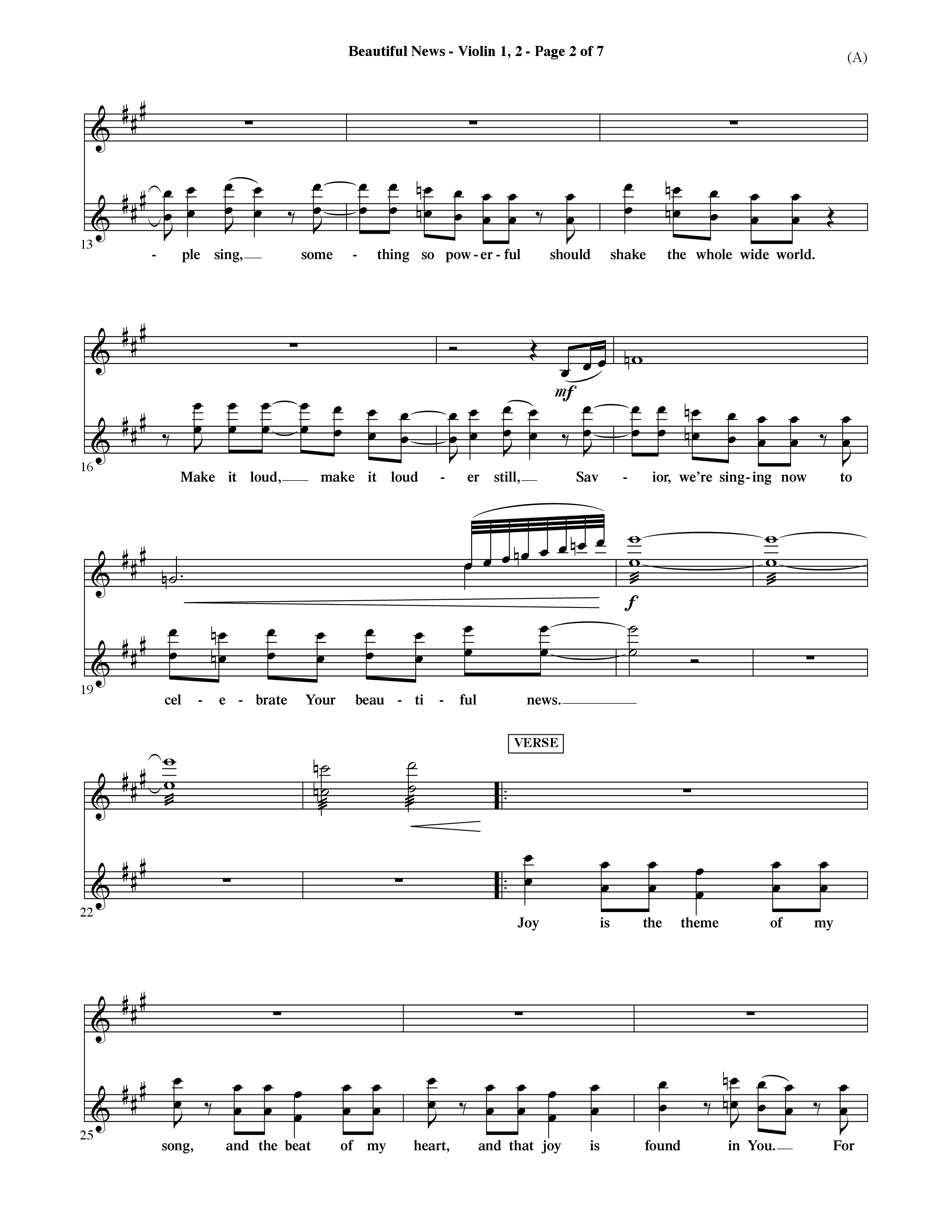Beautiful News (Choral Anthem SATB) Violin 1/2 (Word Music Choral / Orch. Ric Domenico)