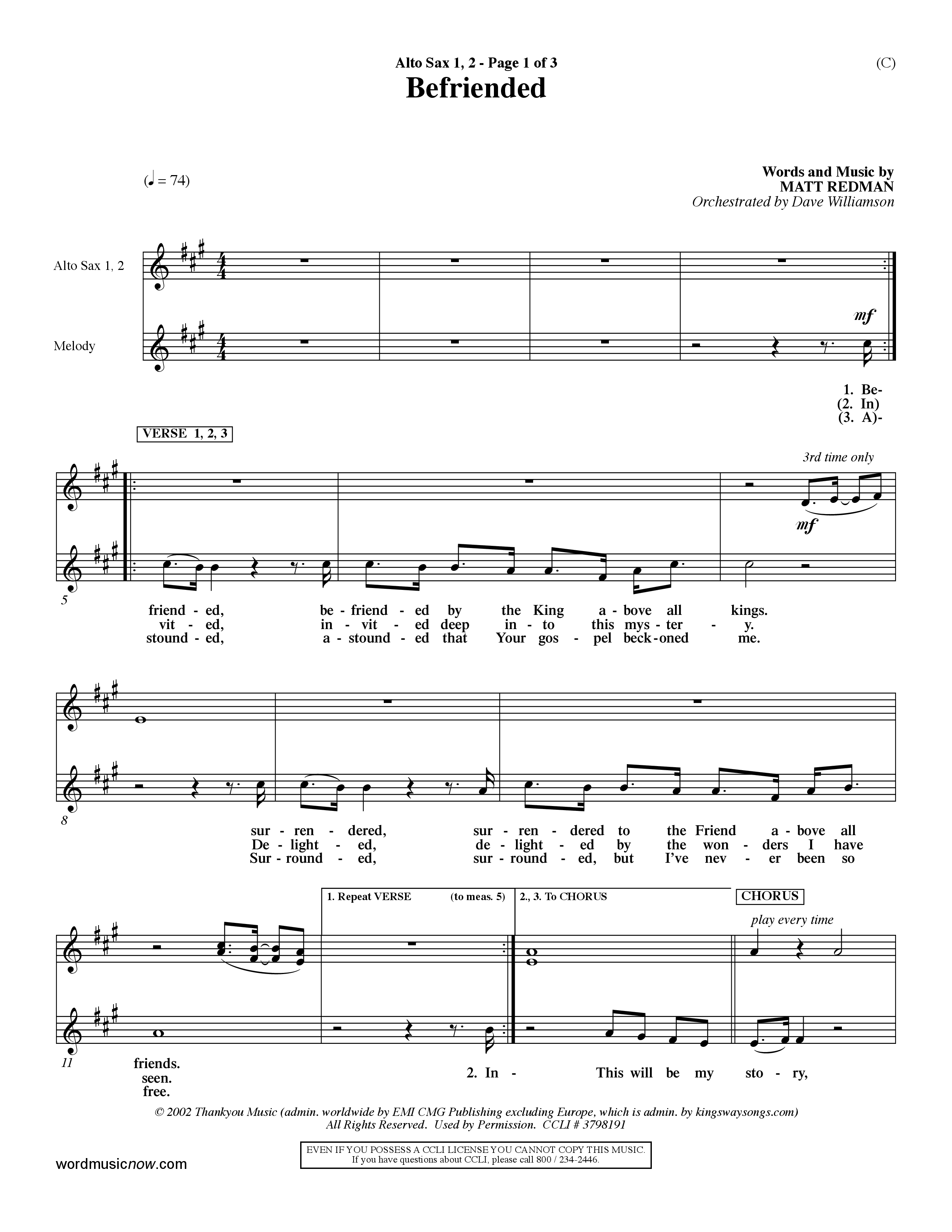 Befriended (Choral Anthem SATB) Alto Sax 1/2 (Word Music Choral / Orch. Dave Williamson)