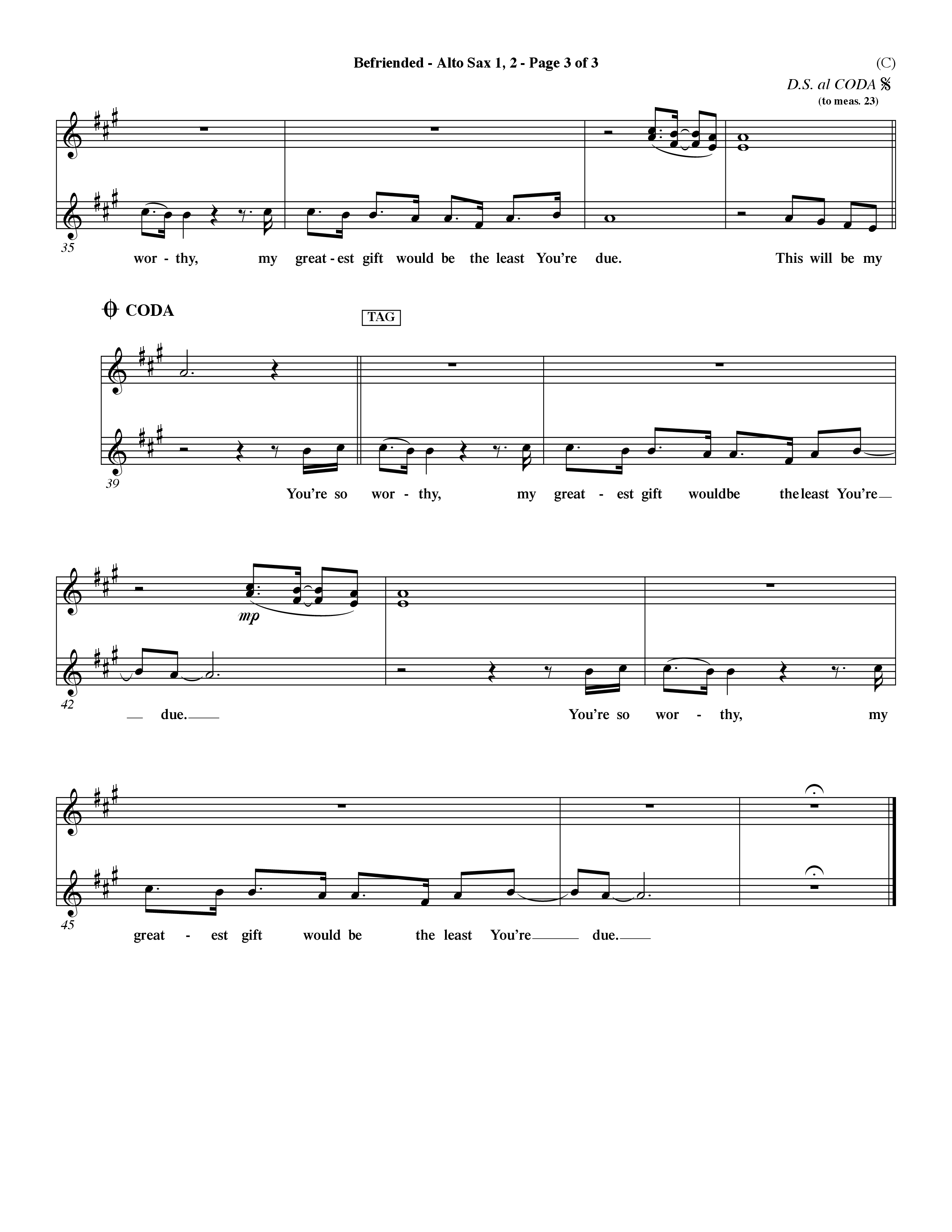 Befriended (Choral Anthem SATB) Alto Sax 1/2 (Word Music Choral / Orch. Dave Williamson)