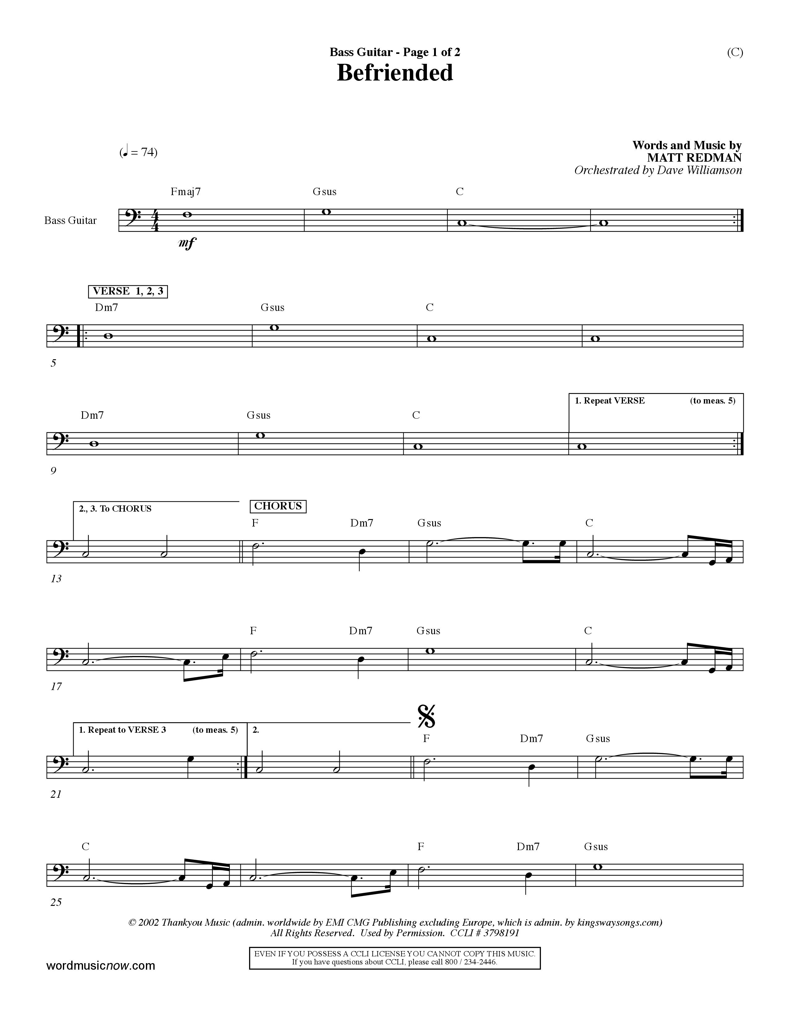 Befriended (Choral Anthem SATB) Bass Guitar (Word Music Choral / Orch. Dave Williamson)