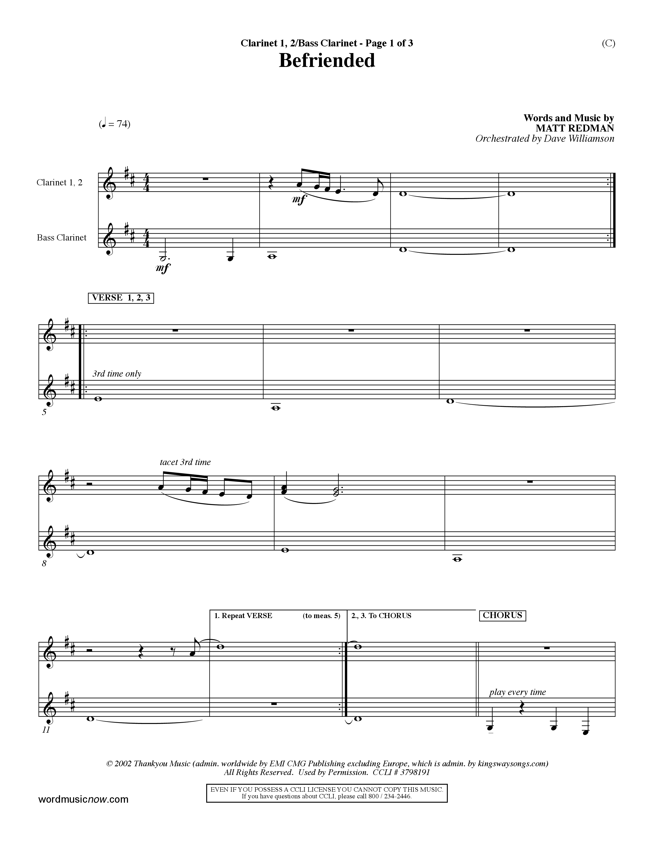 Befriended (Choral Anthem SATB) Clarinet 1/2, Bass Clarinet (Word Music Choral / Orch. Dave Williamson)