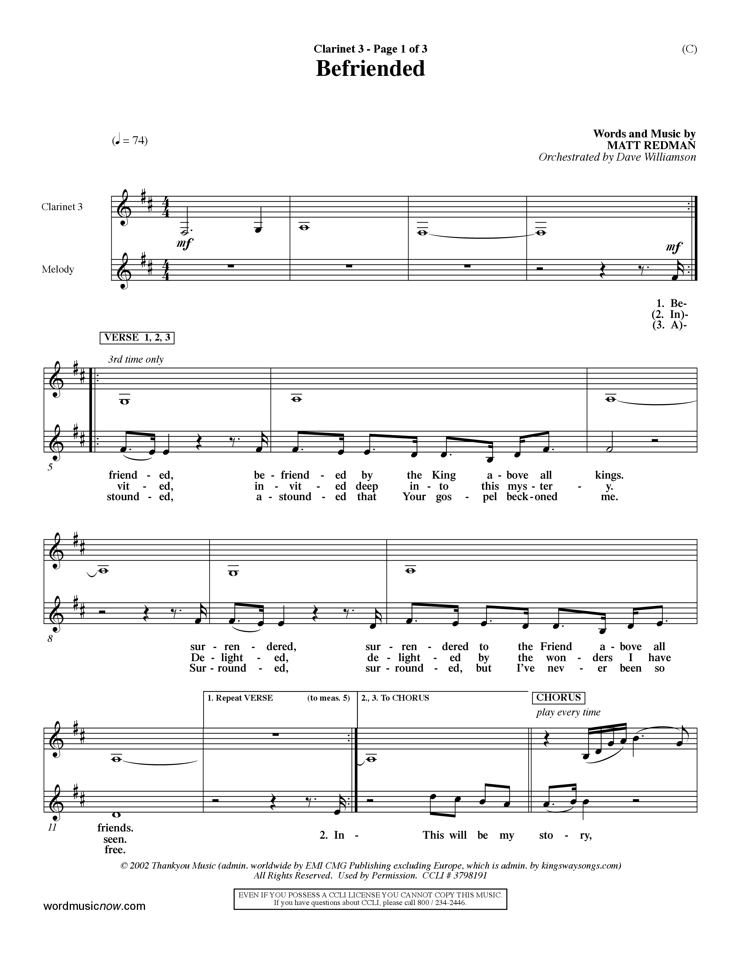 Befriended (Choral Anthem SATB) Clarinet 3 (Word Music Choral / Orch. Dave Williamson)