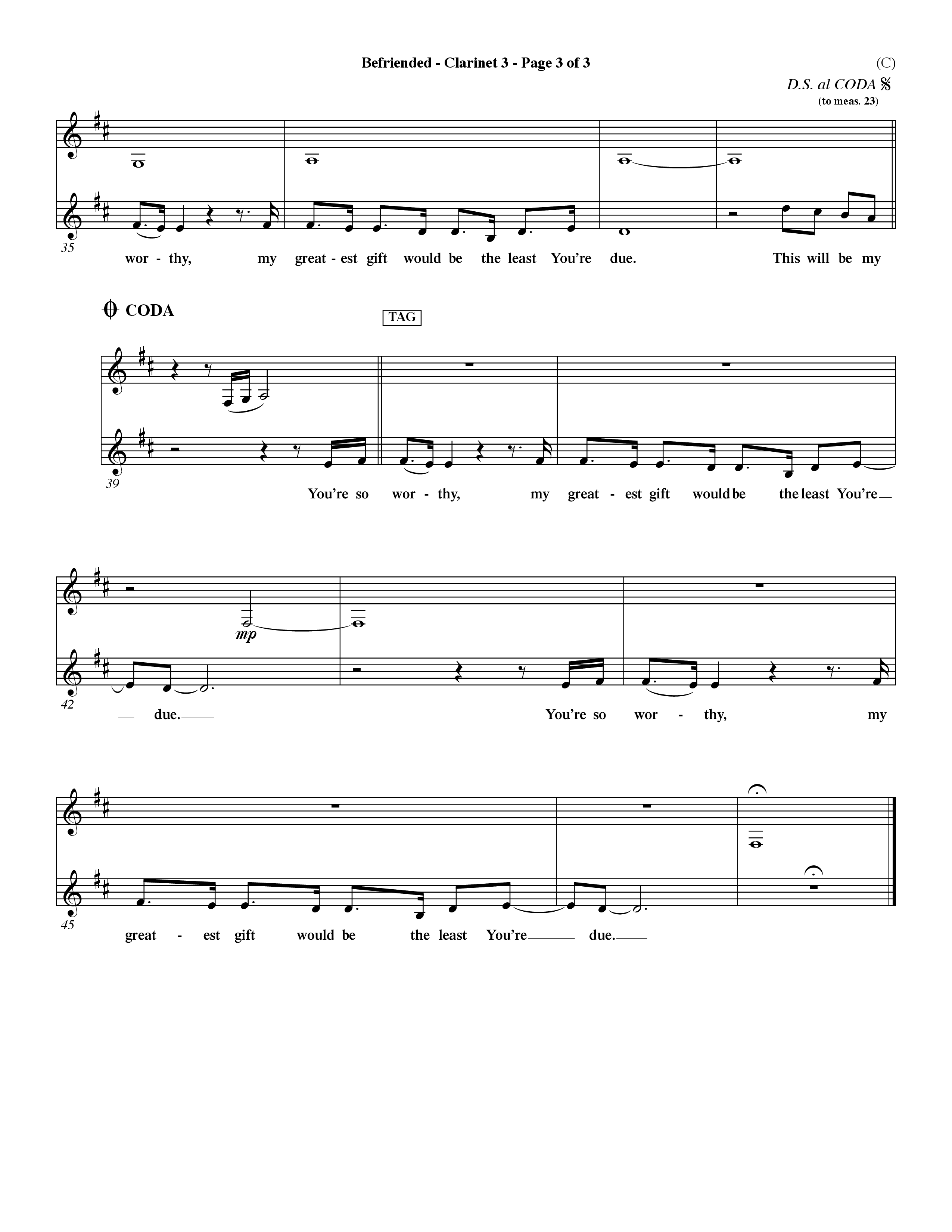 Befriended (Choral Anthem SATB) Clarinet 3 (Word Music Choral / Orch. Dave Williamson)