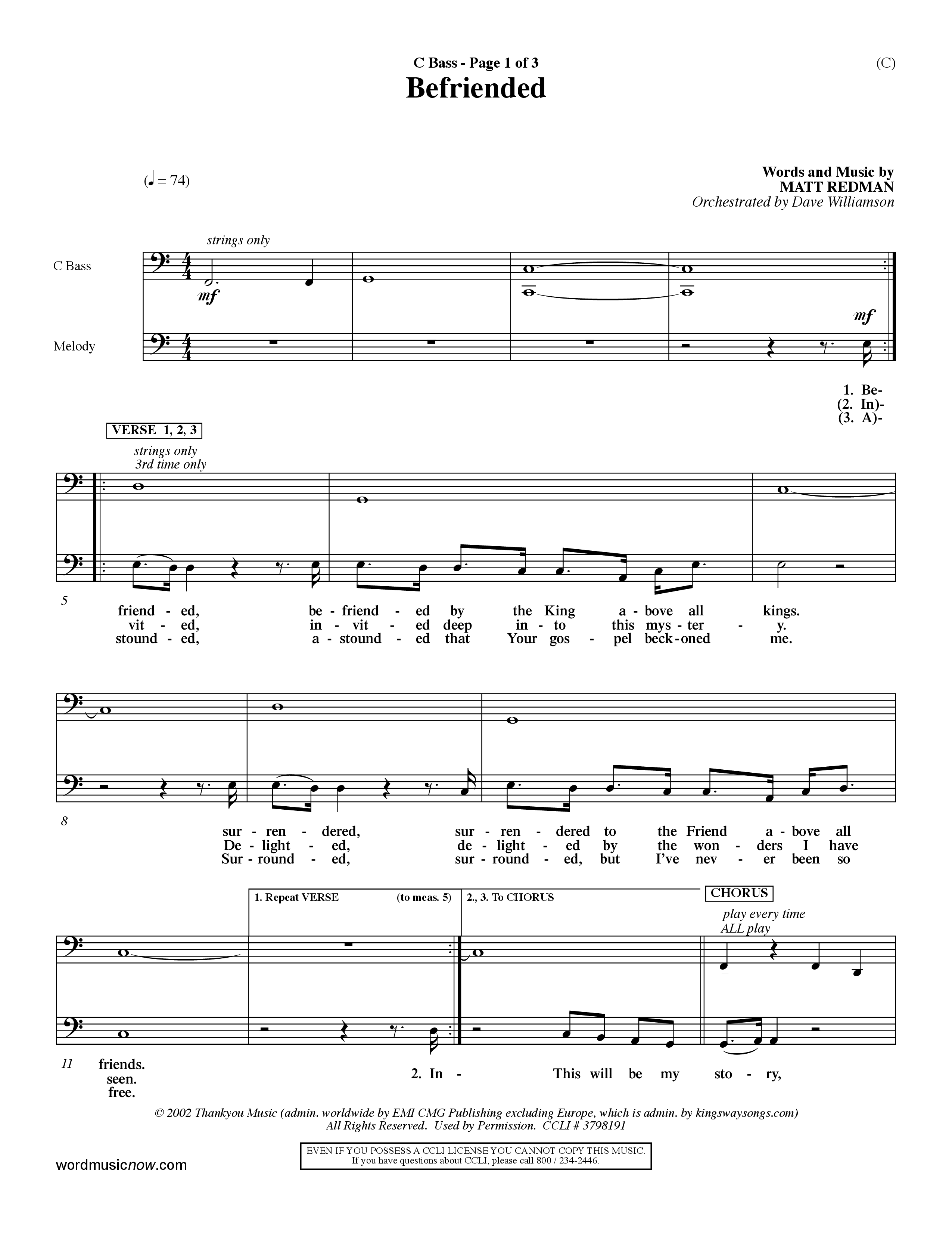 Befriended (Choral Anthem SATB) Contrabass (Word Music Choral / Orch. Dave Williamson)
