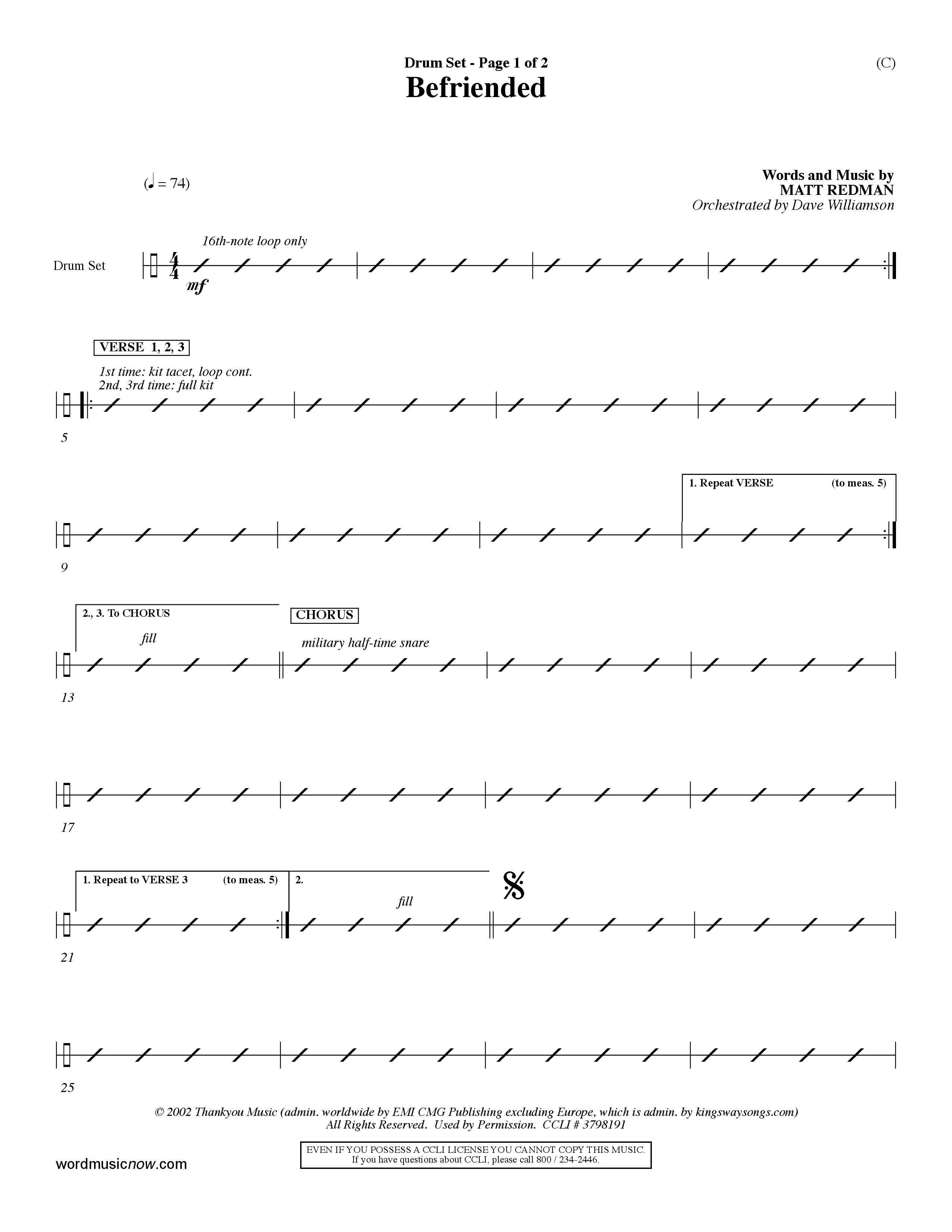 Befriended (Choral Anthem SATB) Drum Set (Word Music Choral / Orch. Dave Williamson)