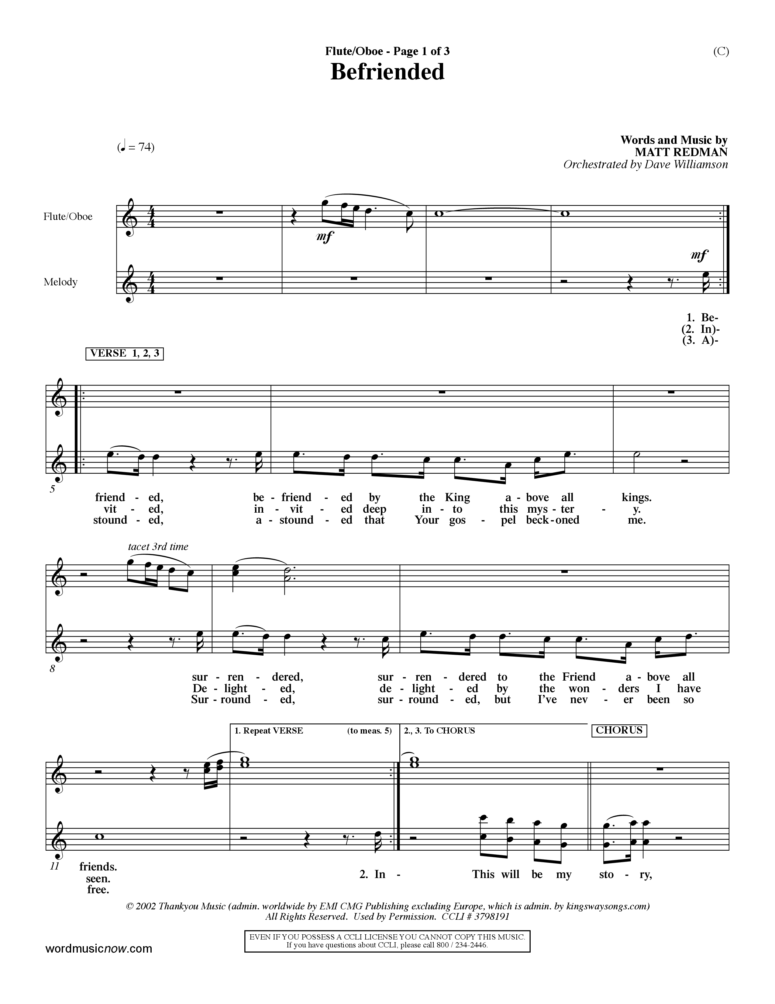 Befriended (Choral Anthem SATB) Flute/Oboe (Word Music Choral / Orch. Dave Williamson)