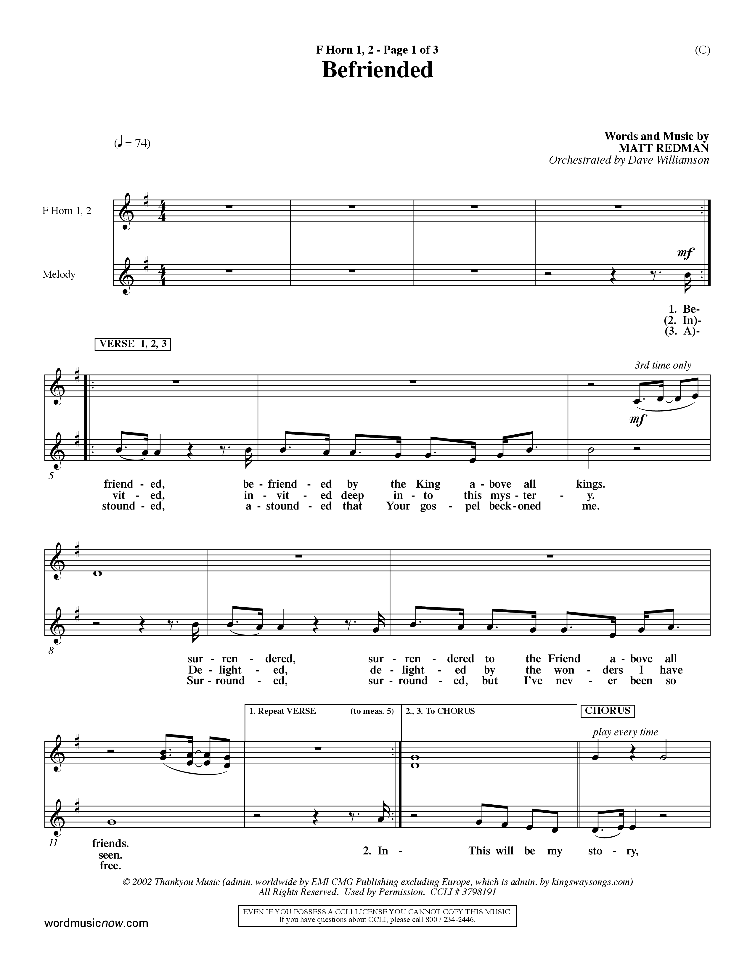 Befriended (Choral Anthem SATB) French Horn (Word Music Choral / Orch. Dave Williamson)