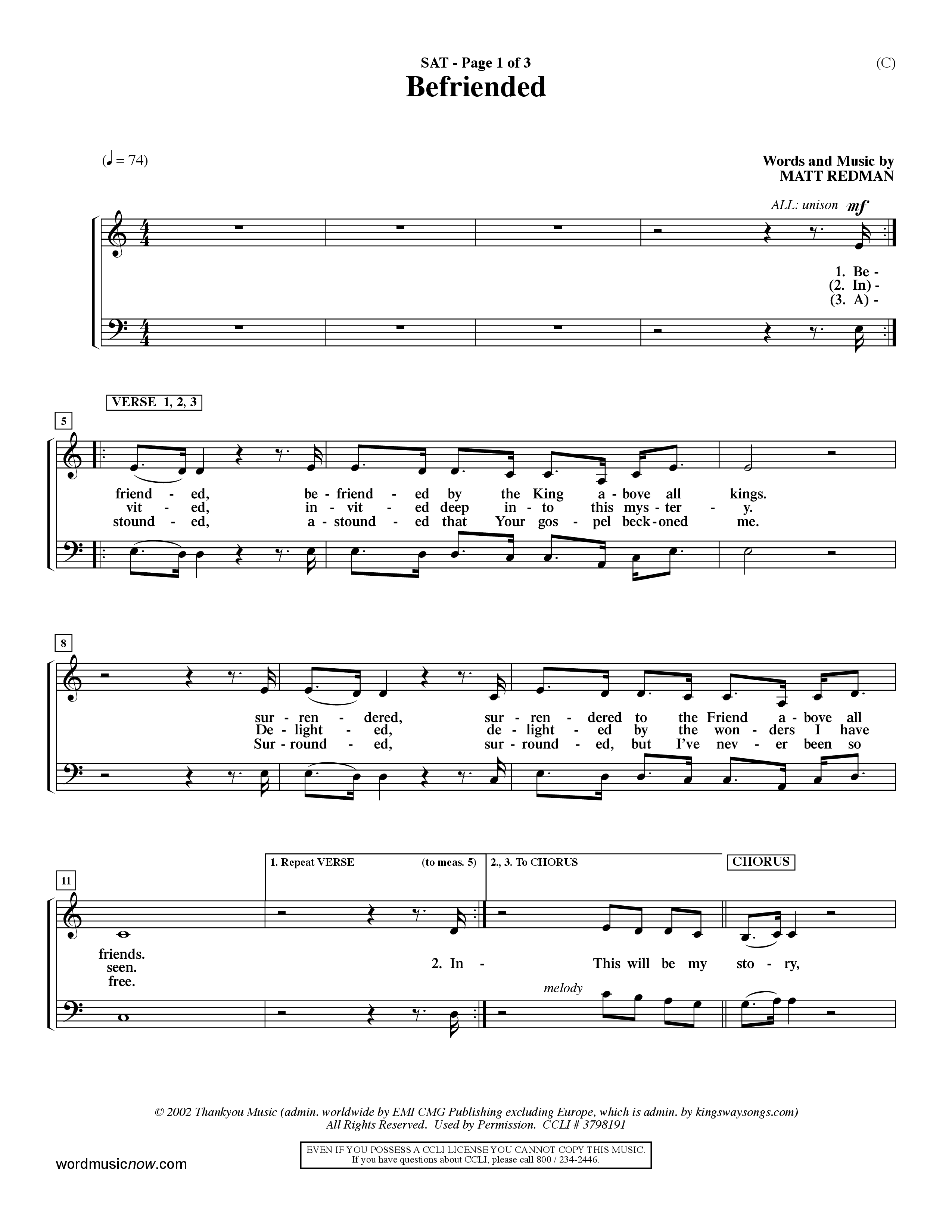 Befriended (Choral Anthem SATB) Lead Sheet (SAT) (Word Music Choral / Orch. Dave Williamson)