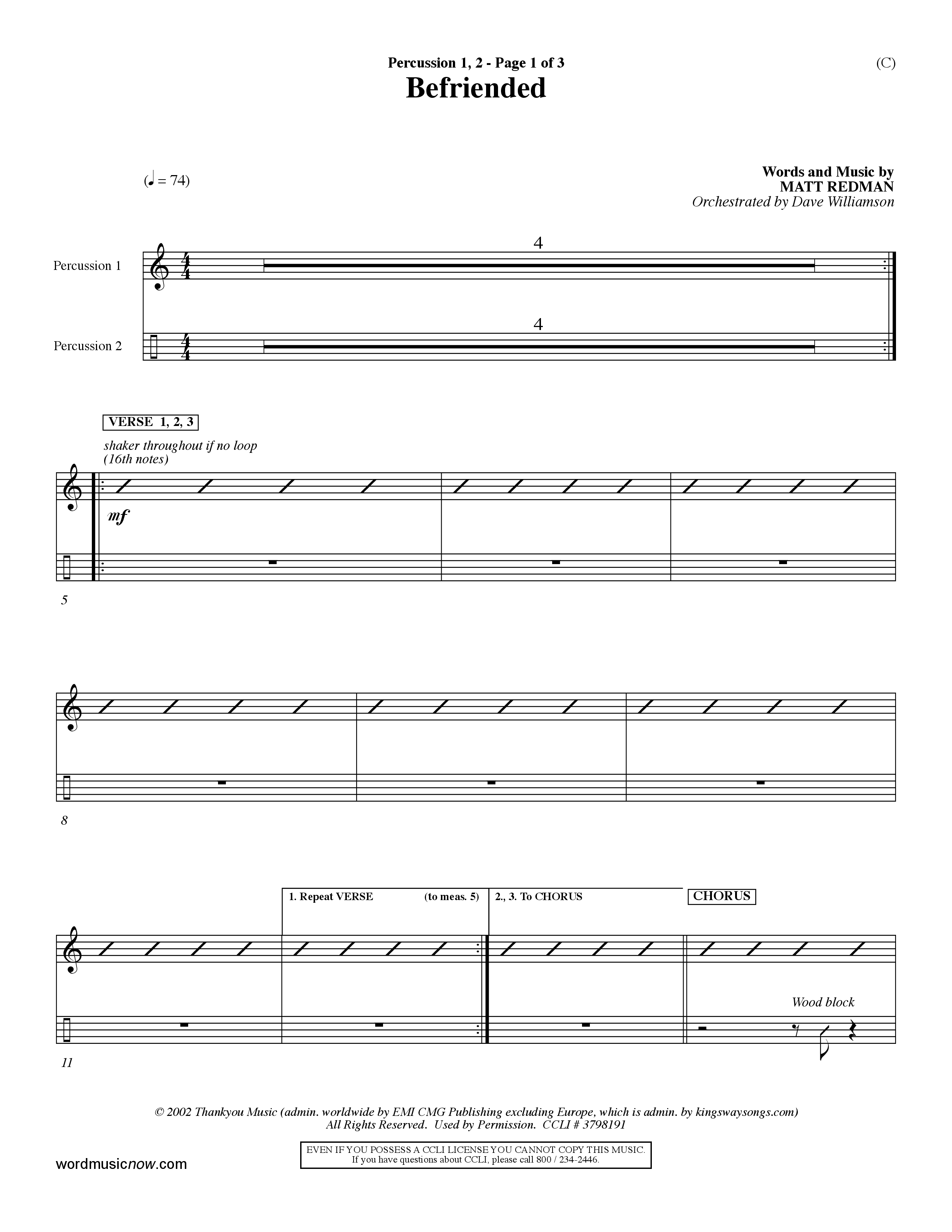 Befriended (Choral Anthem SATB) Percussion 1/2 (Word Music Choral / Orch. Dave Williamson)