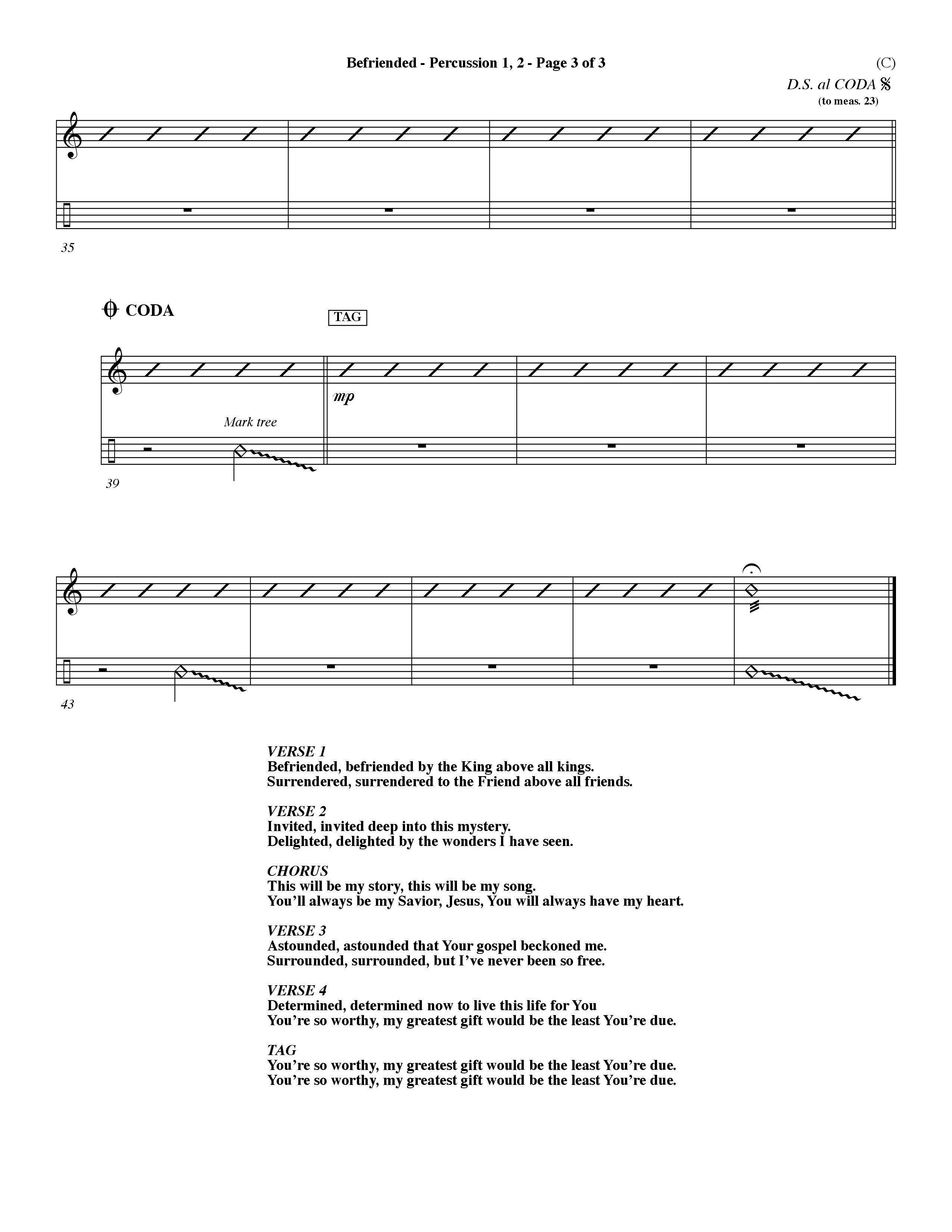 Befriended (Choral Anthem SATB) Percussion 1/2 (Word Music Choral / Orch. Dave Williamson)