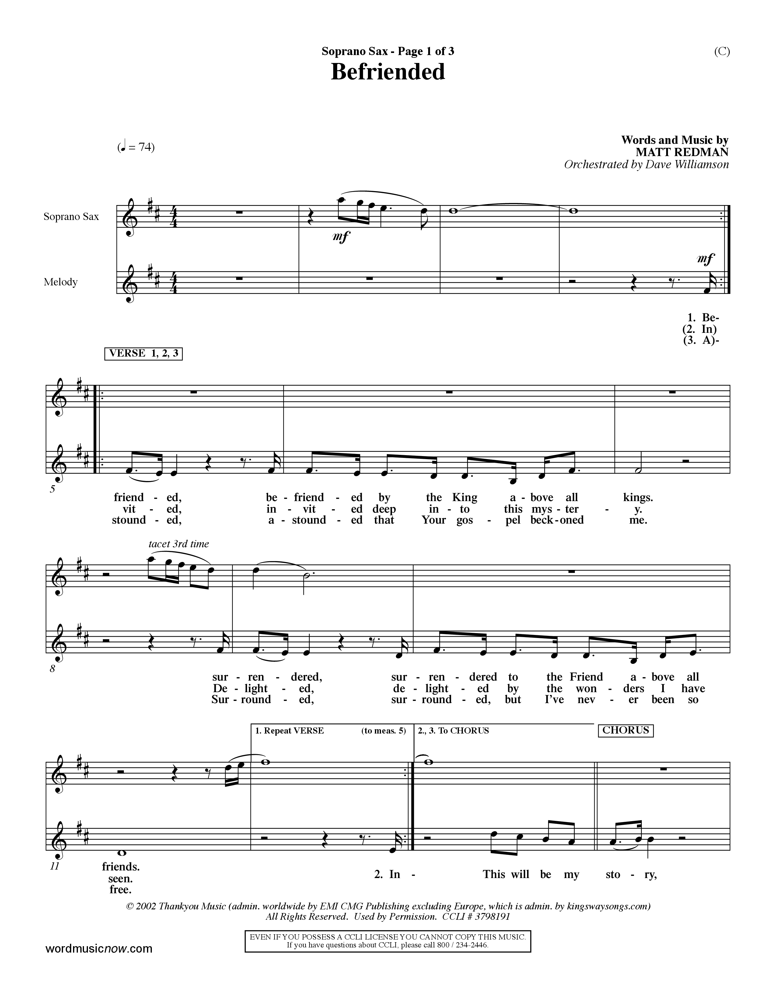 Befriended (Choral Anthem SATB) Saxophone (Word Music Choral / Orch. Dave Williamson)