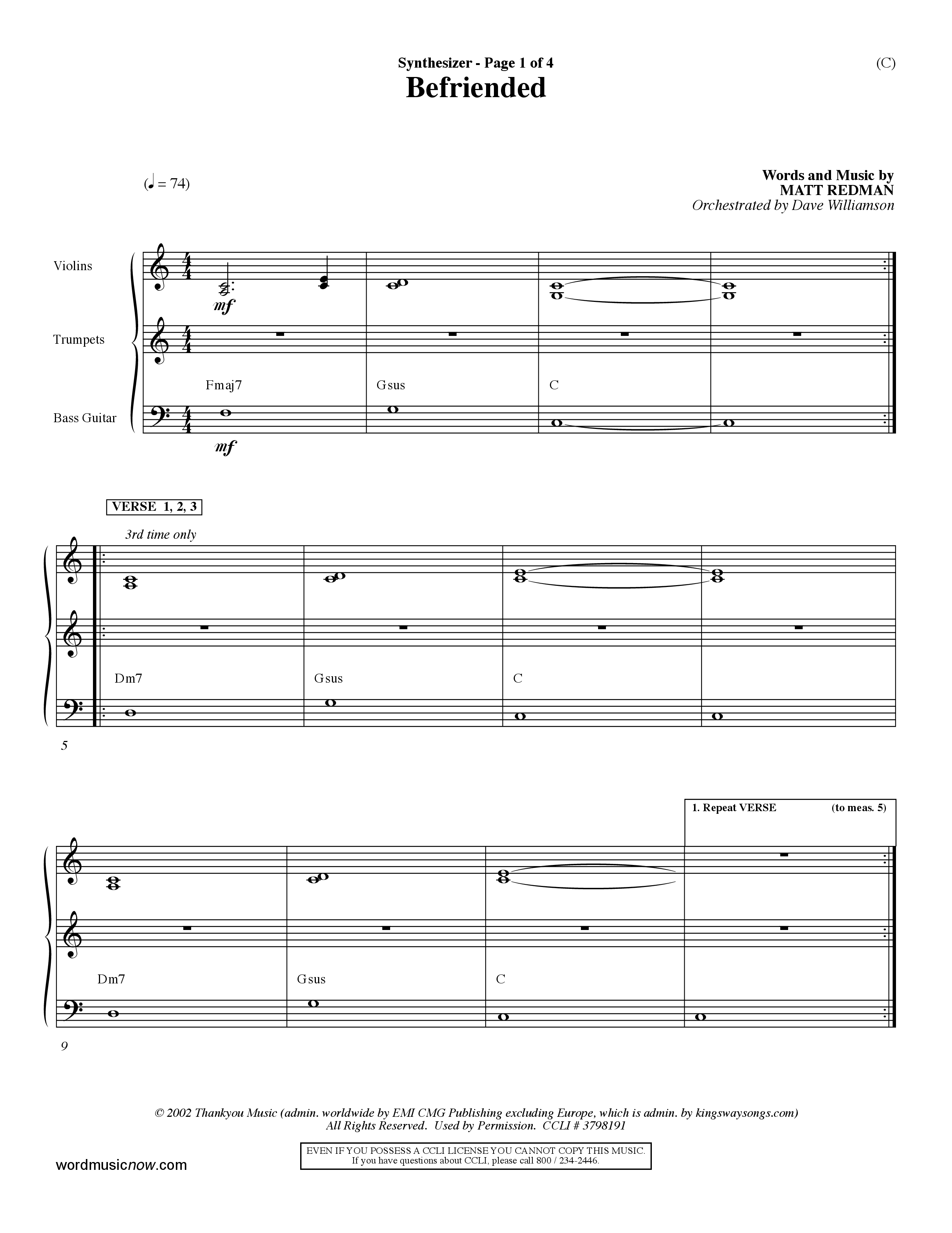 Befriended (Choral Anthem SATB) Synth (Word Music Choral / Orch. Dave Williamson)