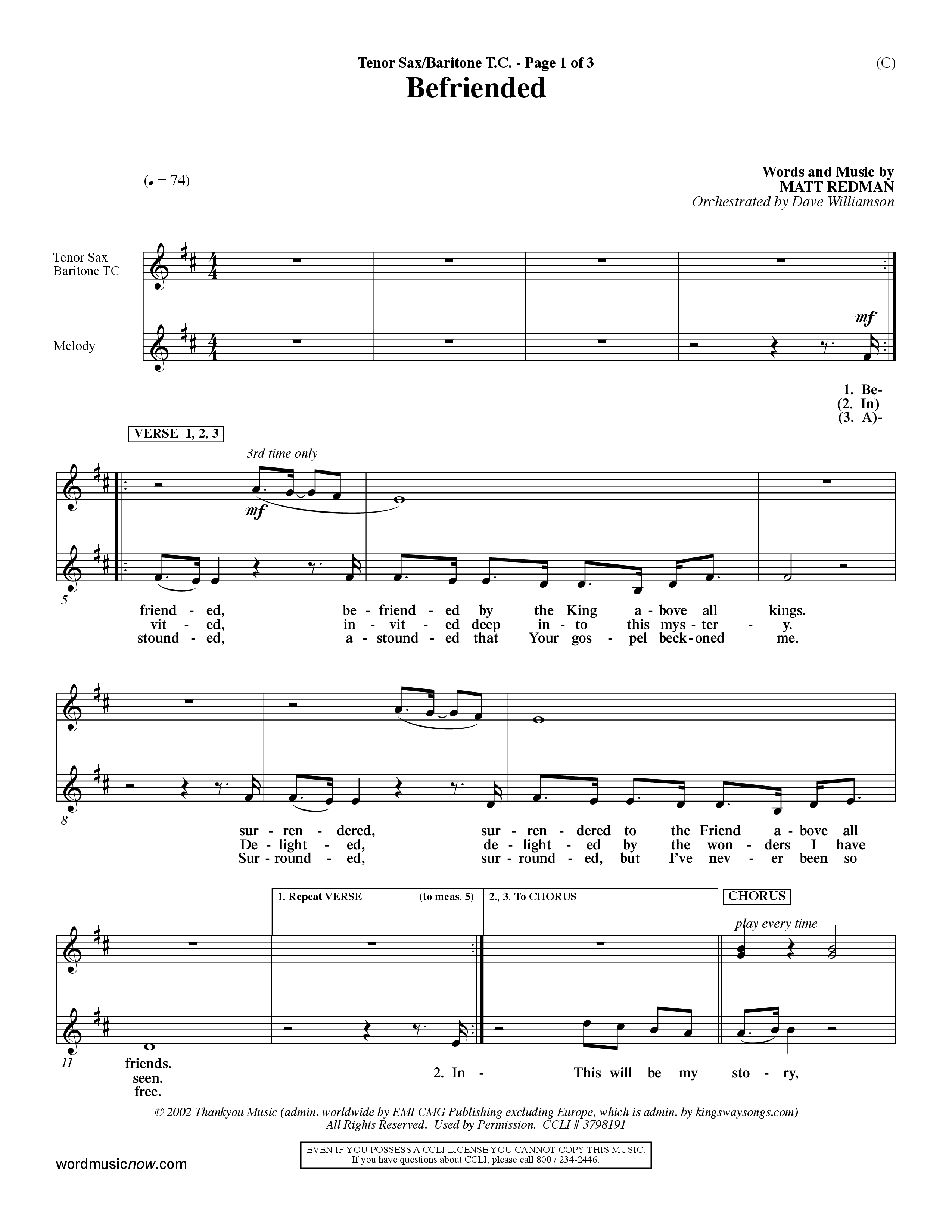 Befriended (Choral Anthem SATB) Tenor Sax/Baritone T.C. (Word Music Choral / Orch. Dave Williamson)