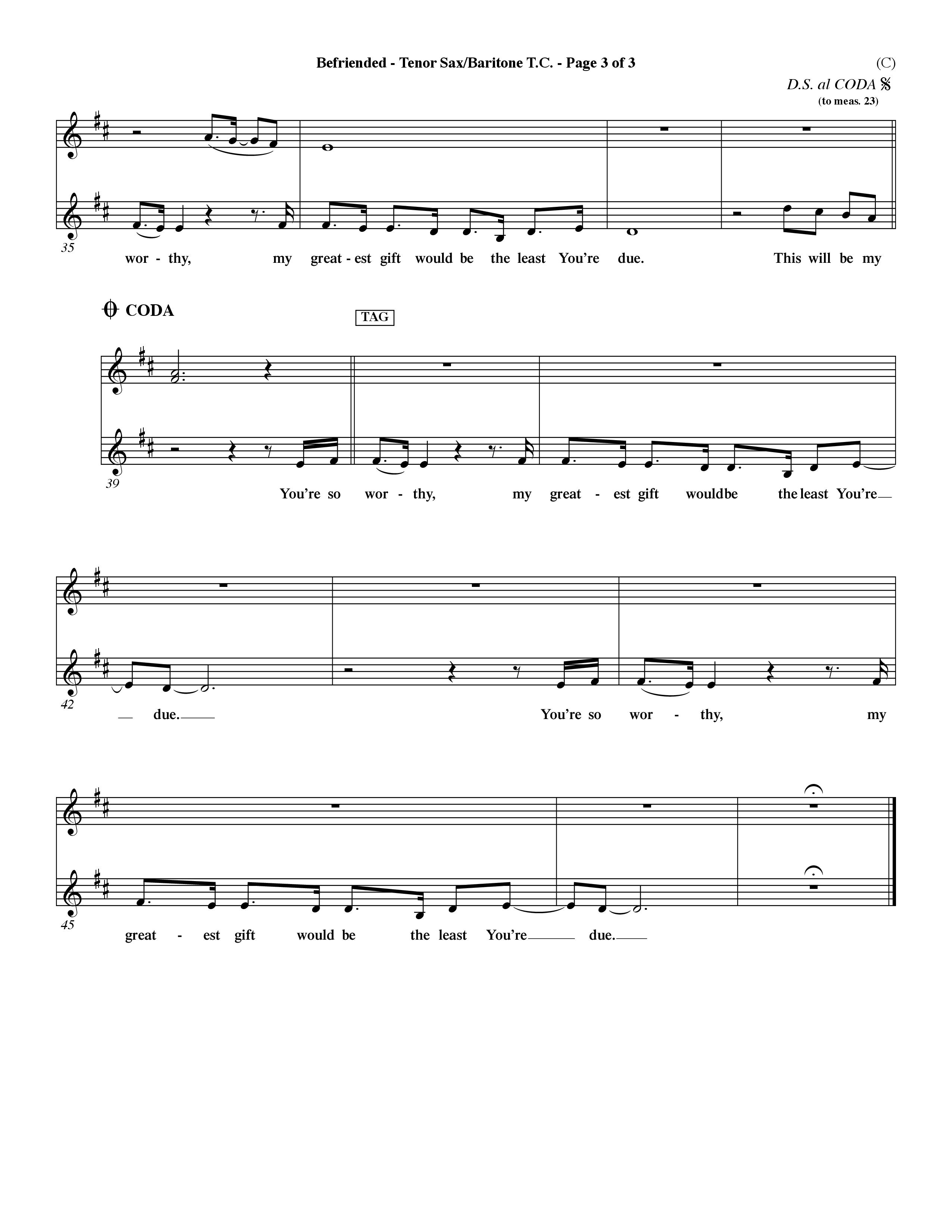 Befriended (Choral Anthem SATB) Tenor Sax/Baritone T.C. (Word Music Choral / Orch. Dave Williamson)