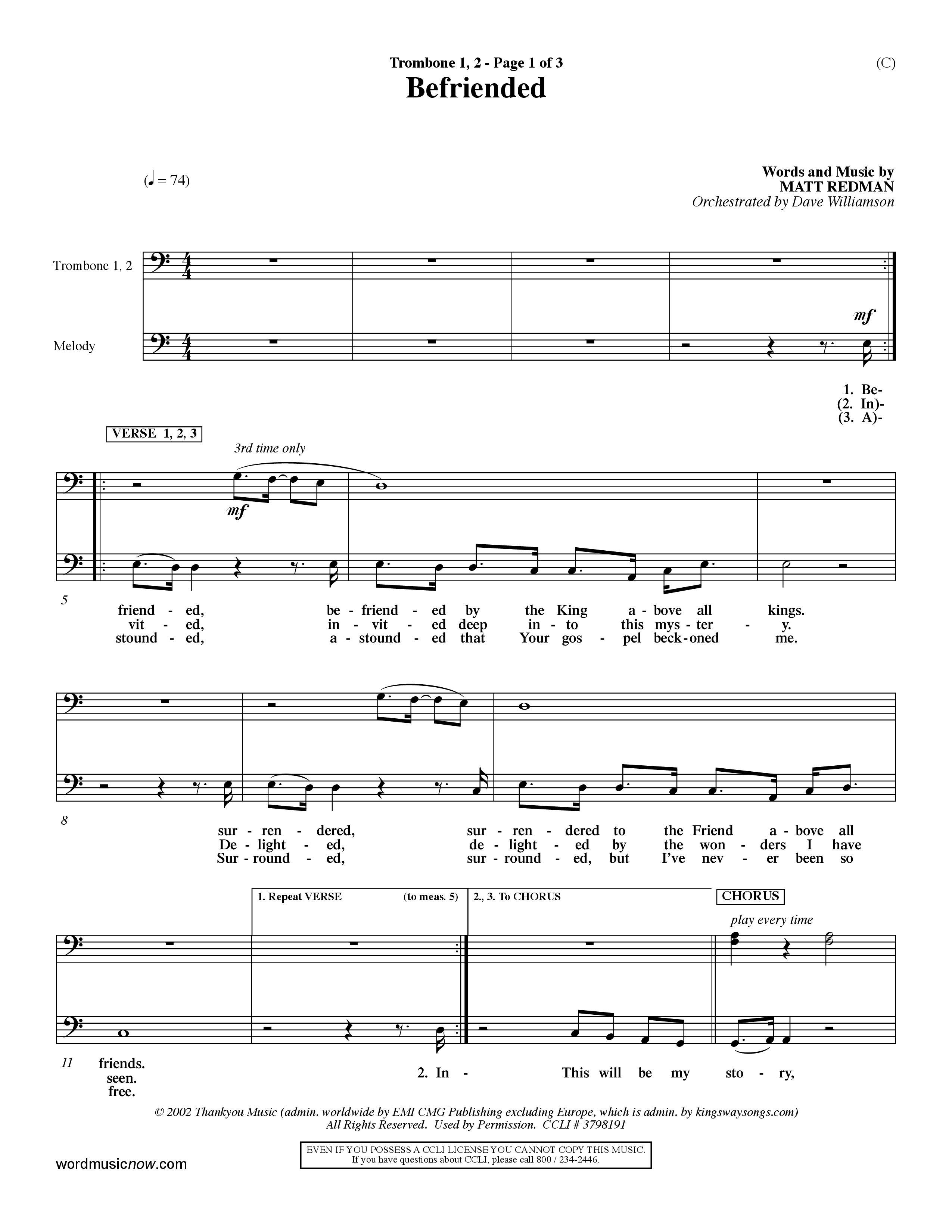 Befriended (Choral Anthem SATB) Trombone 1/2 (Word Music Choral / Orch. Dave Williamson)