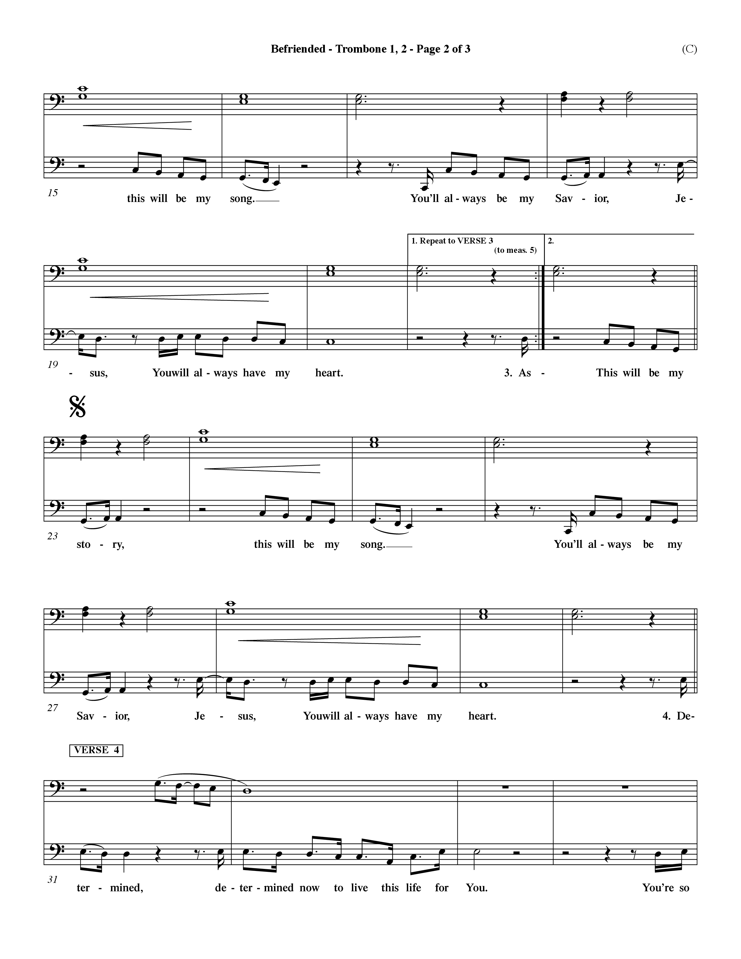 Befriended (Choral Anthem SATB) Trombone 1/2 (Word Music Choral / Orch. Dave Williamson)