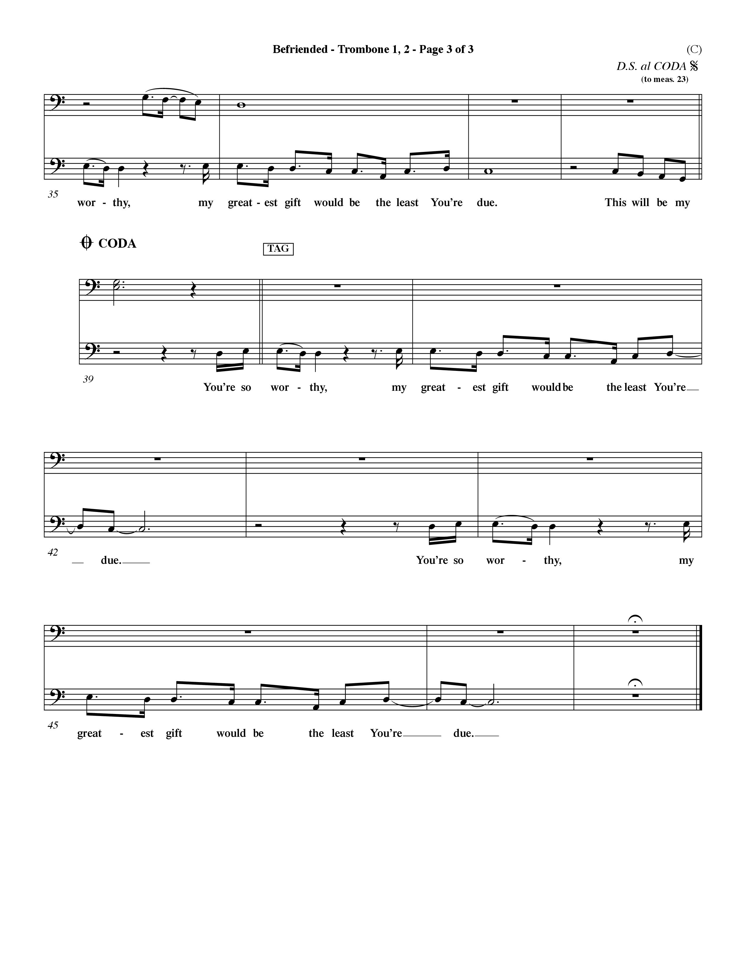 Befriended (Choral Anthem SATB) Trombone 1/2 (Word Music Choral / Orch. Dave Williamson)