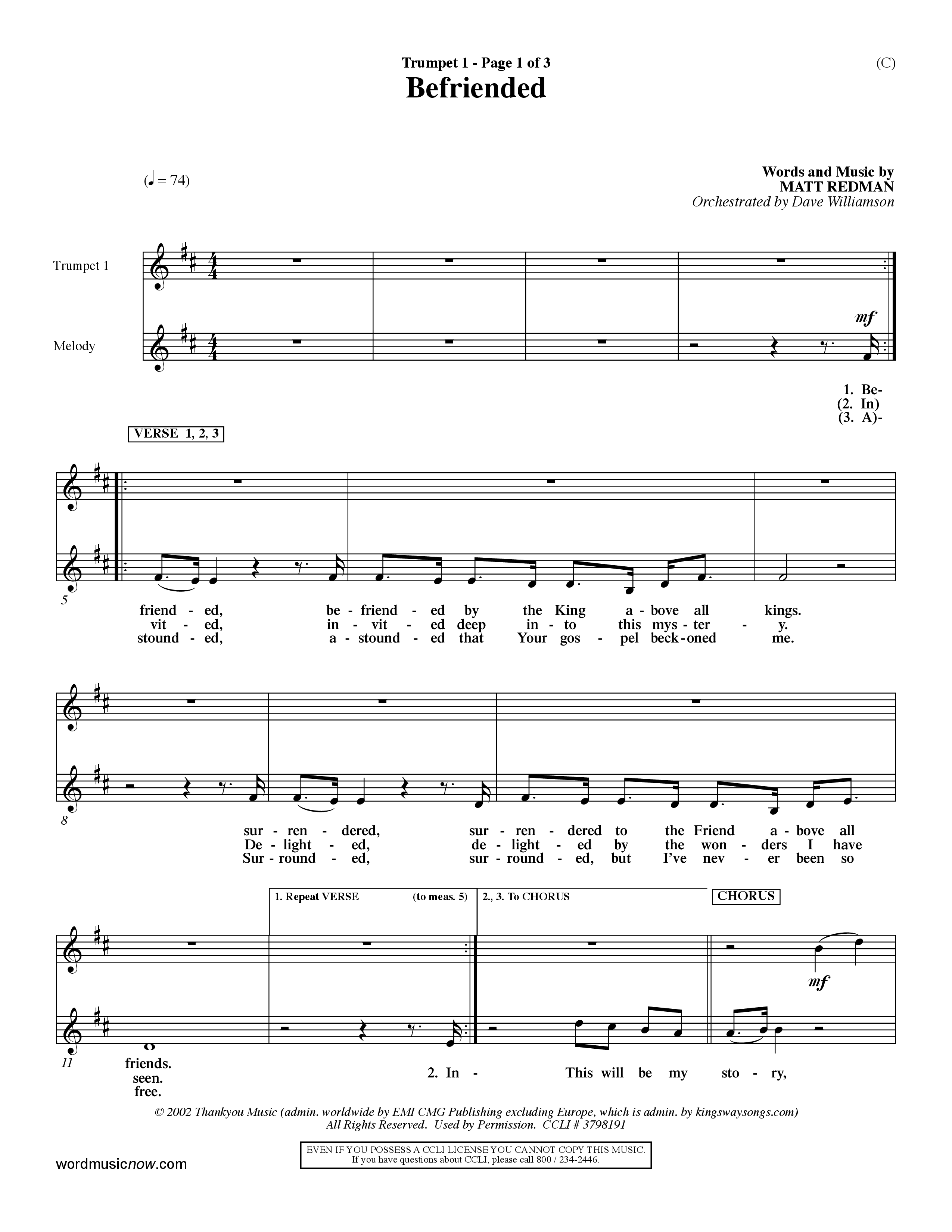 Befriended (Choral Anthem SATB) Trumpet 1 (Word Music Choral / Orch. Dave Williamson)