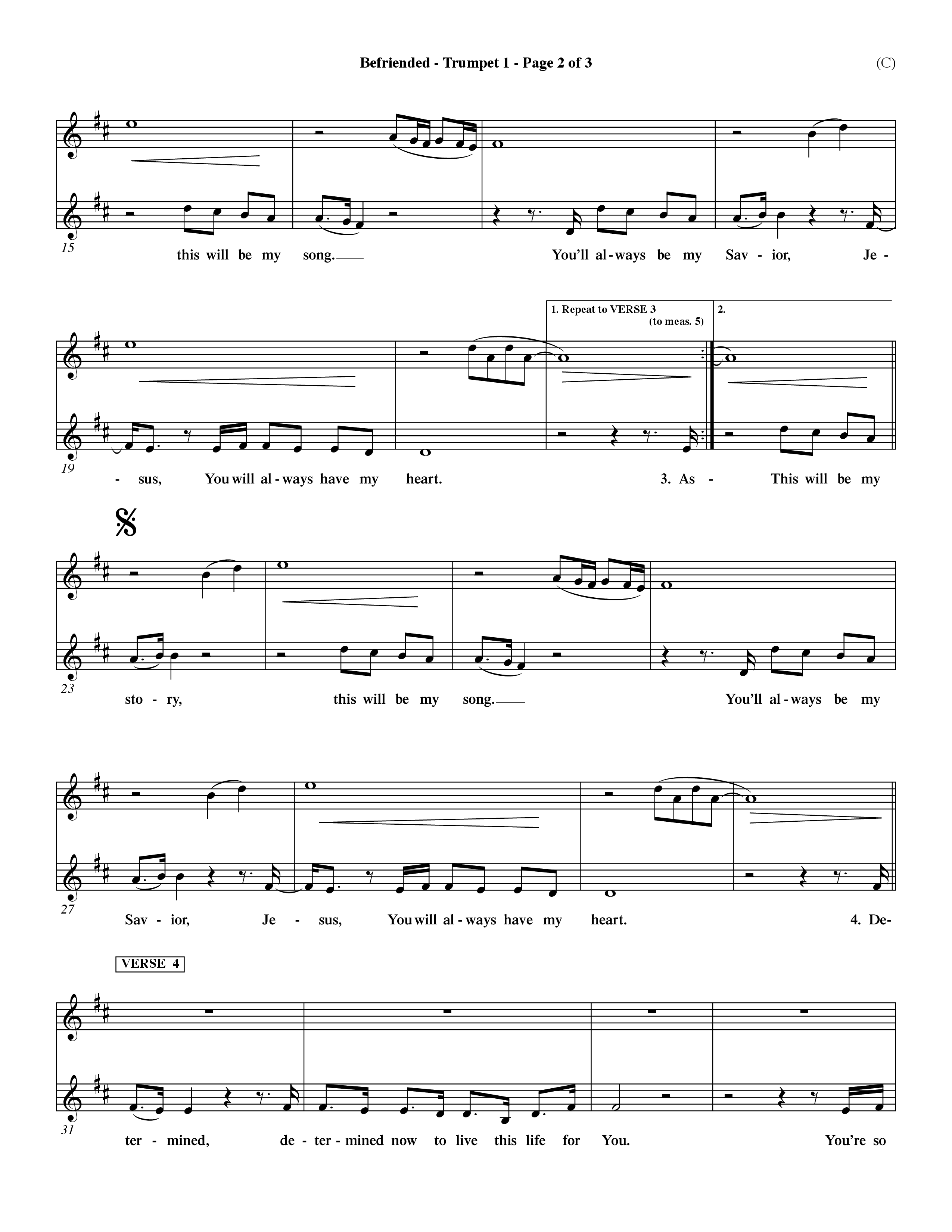 Befriended (Choral Anthem SATB) Trumpet 1 (Word Music Choral / Orch. Dave Williamson)