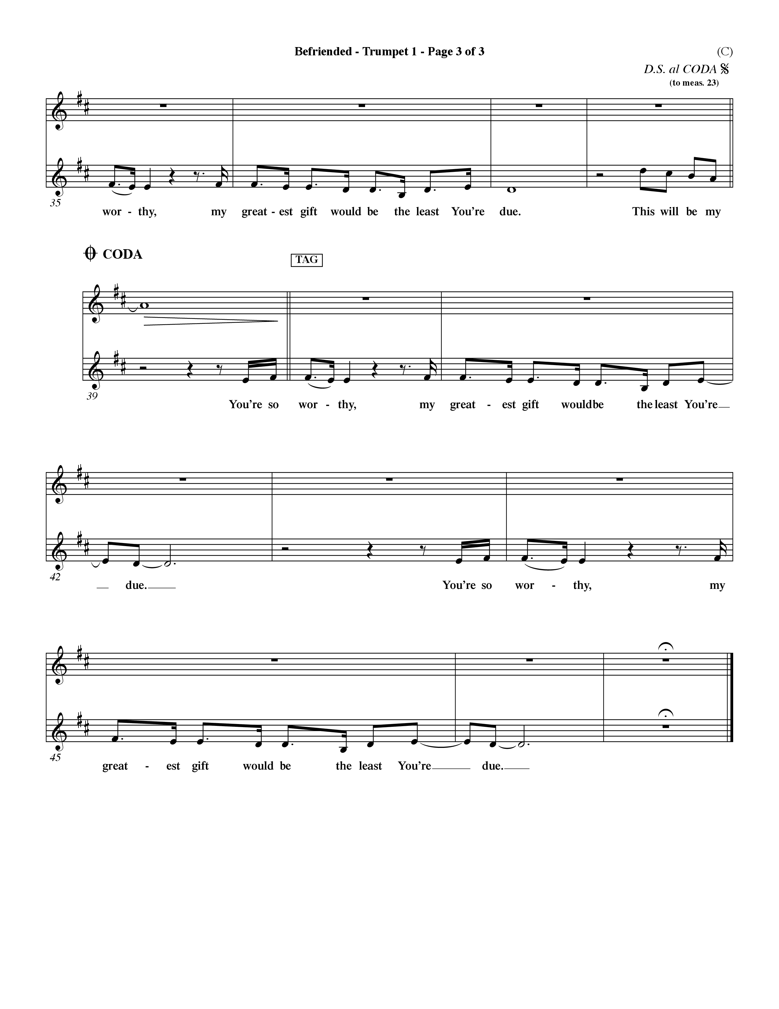Befriended (Choral Anthem SATB) Trumpet 1 (Word Music Choral / Orch. Dave Williamson)