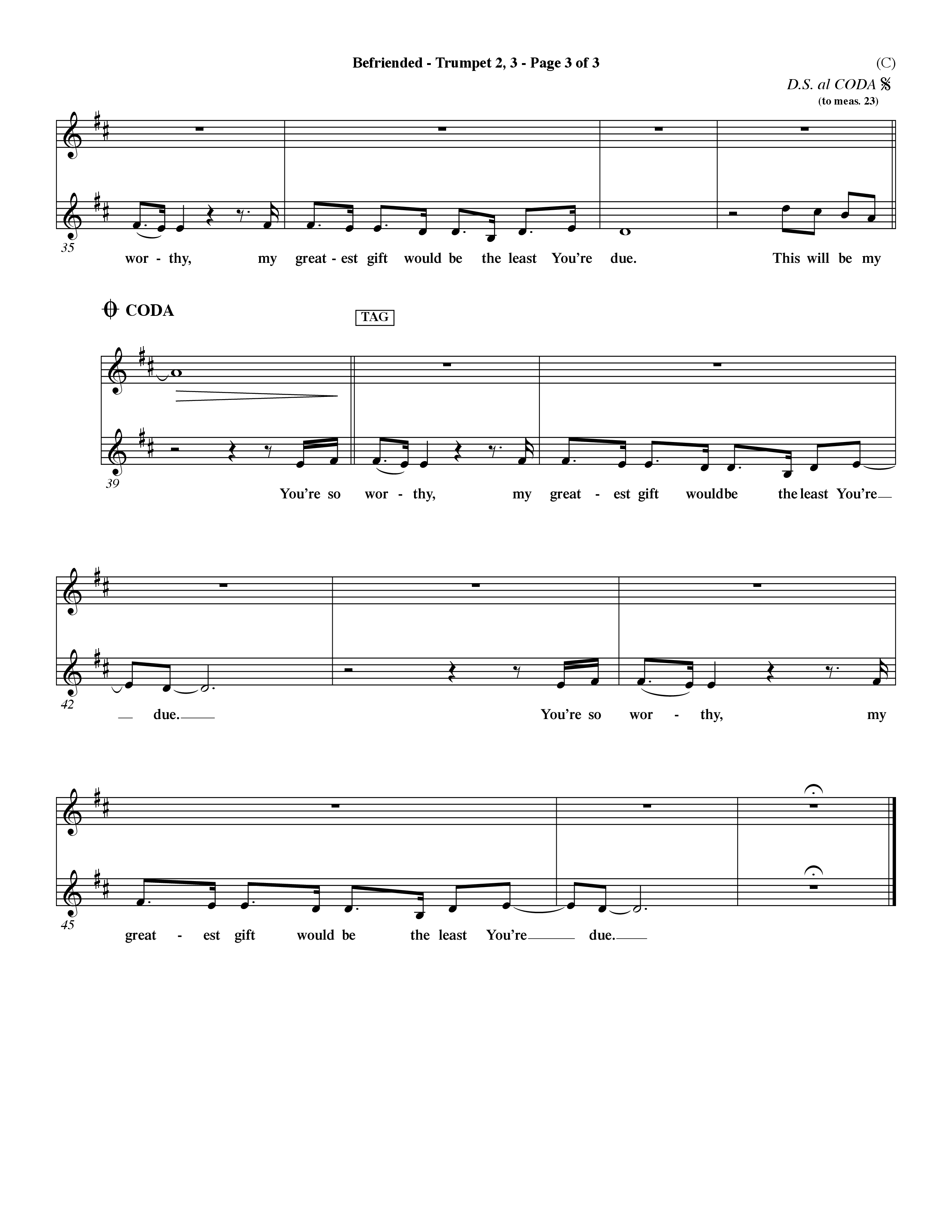 Befriended (Choral Anthem SATB) Trumpet 2/3 (Word Music Choral / Orch. Dave Williamson)