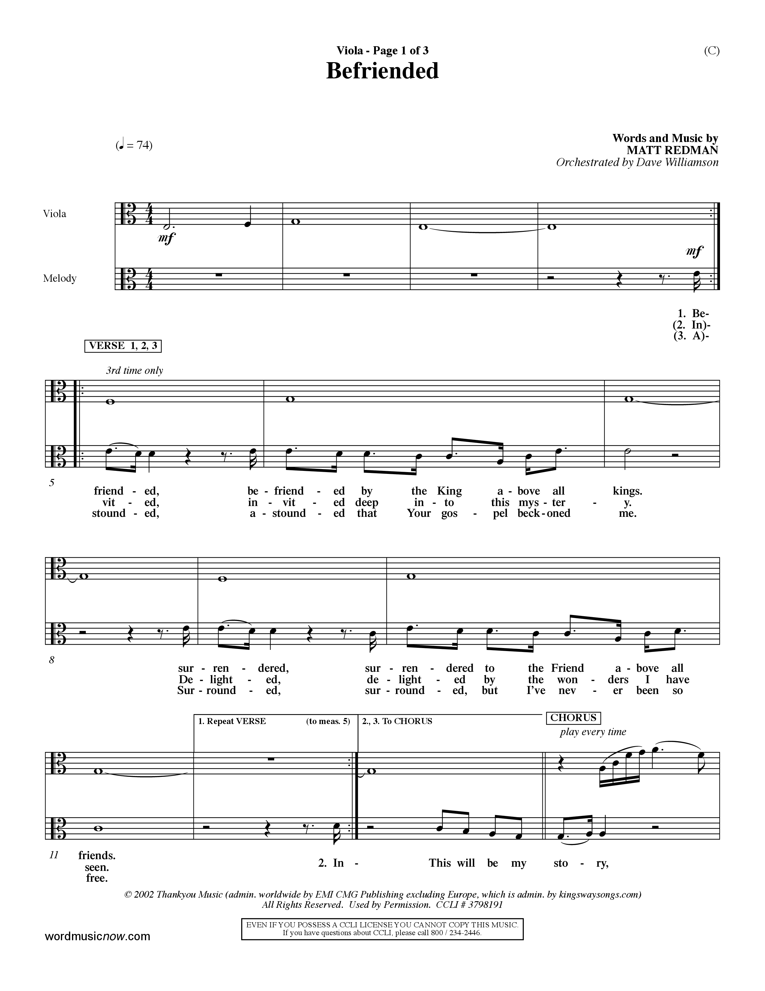 Befriended (Choral Anthem SATB) Viola (Word Music Choral / Orch. Dave Williamson)