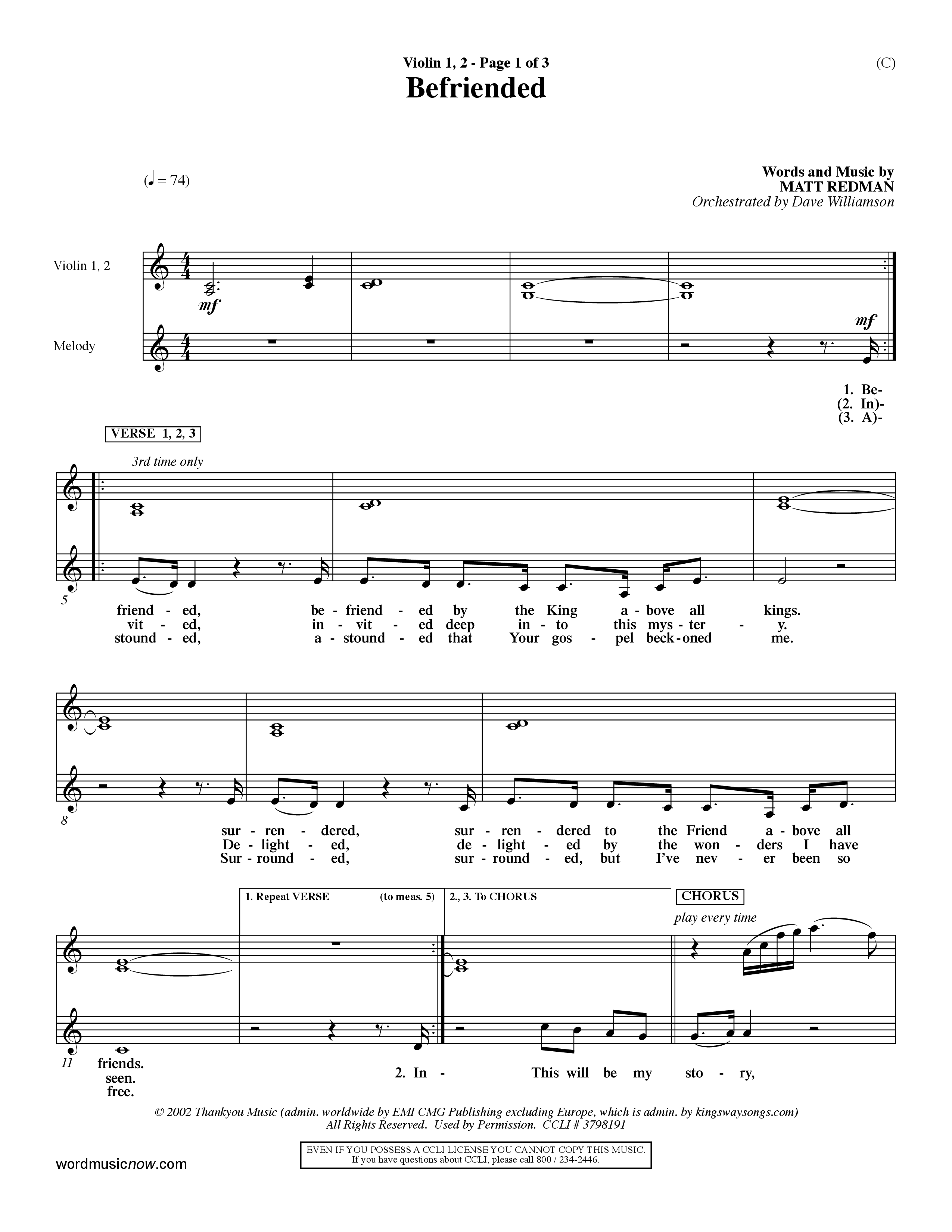 Befriended (Choral Anthem SATB) Violin 1/2 (Word Music Choral / Orch. Dave Williamson)