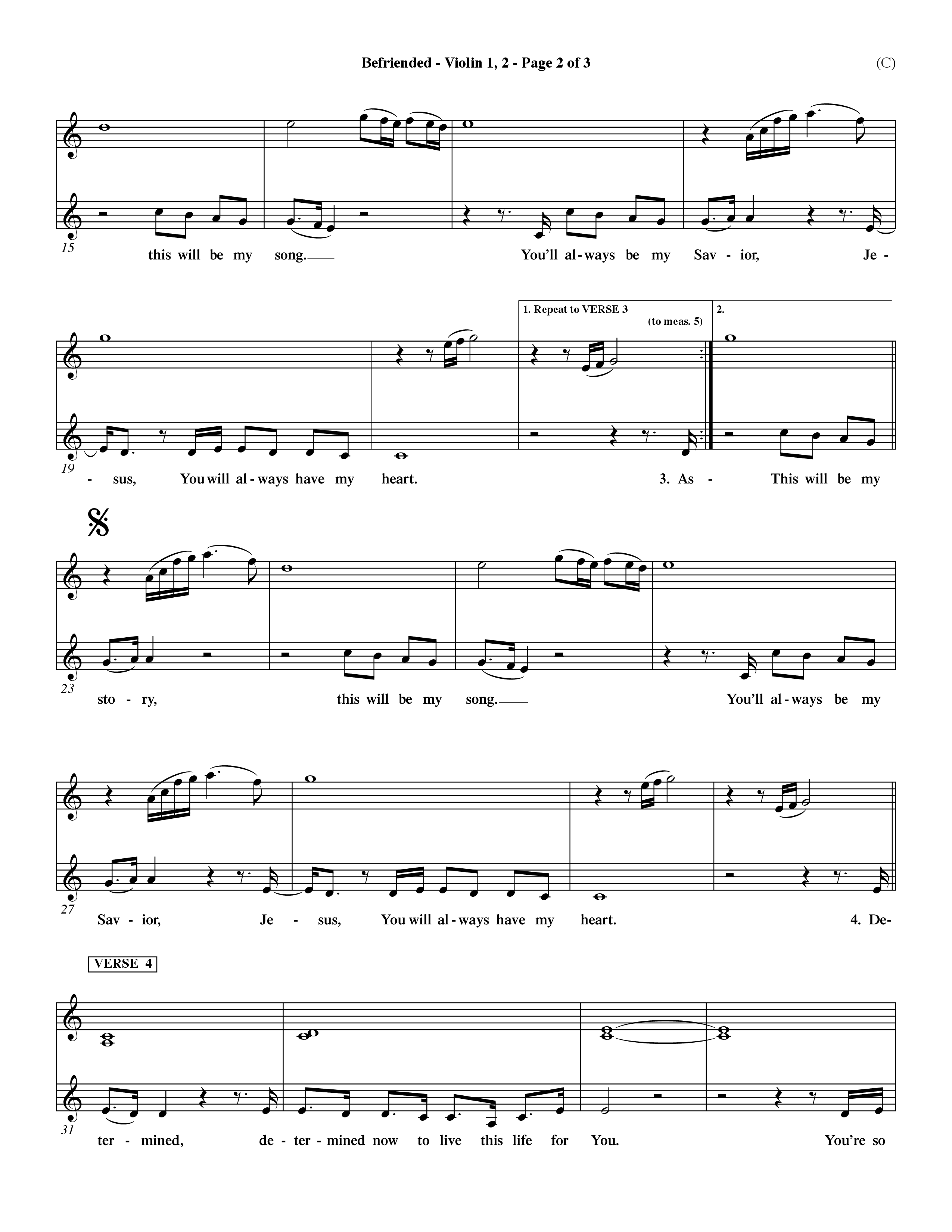 Befriended (Choral Anthem SATB) Violin 1/2 (Word Music Choral / Orch. Dave Williamson)