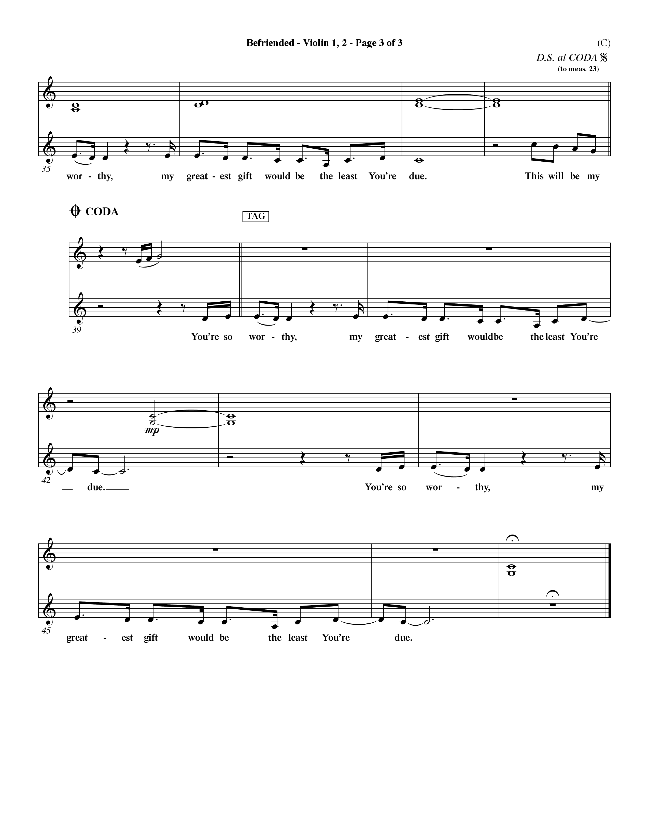 Befriended (Choral Anthem SATB) Violin 1/2 (Word Music Choral / Orch. Dave Williamson)