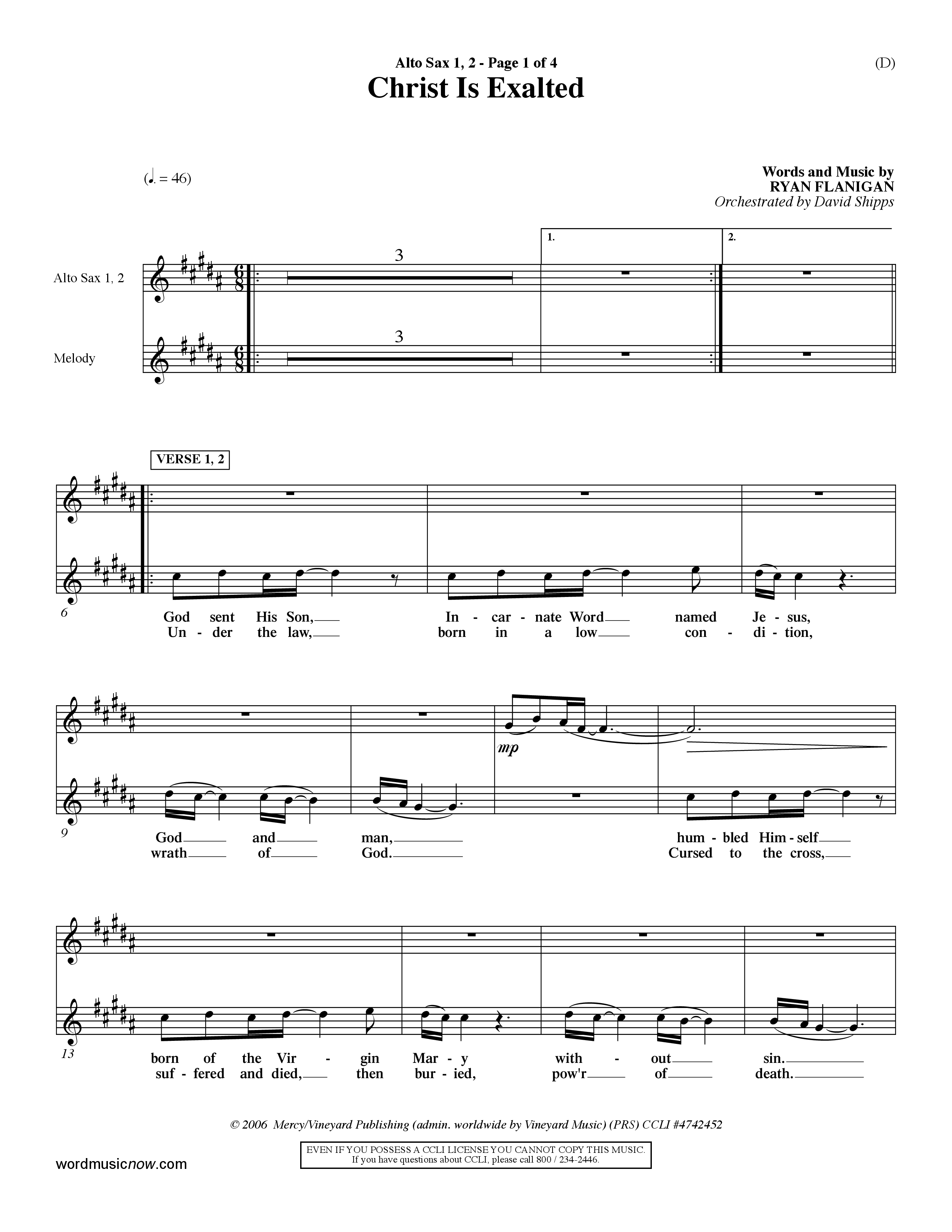 Christ Is Exalted (Choral Anthem SATB) Alto Sax 1/2 (Word Music Choral / Orch. David Shipps)