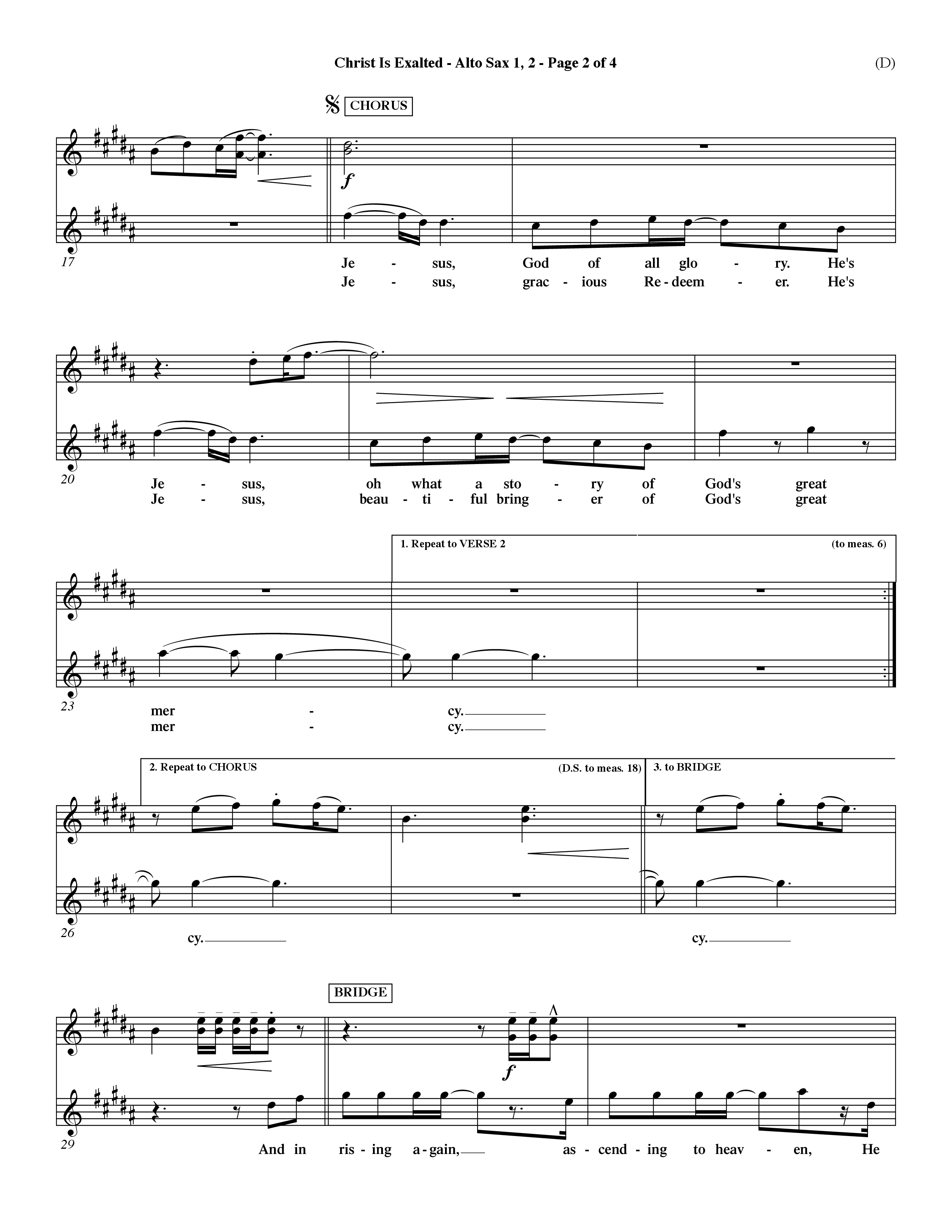 Christ Is Exalted (Choral Anthem SATB) Alto Sax 1/2 (Word Music Choral / Orch. David Shipps)