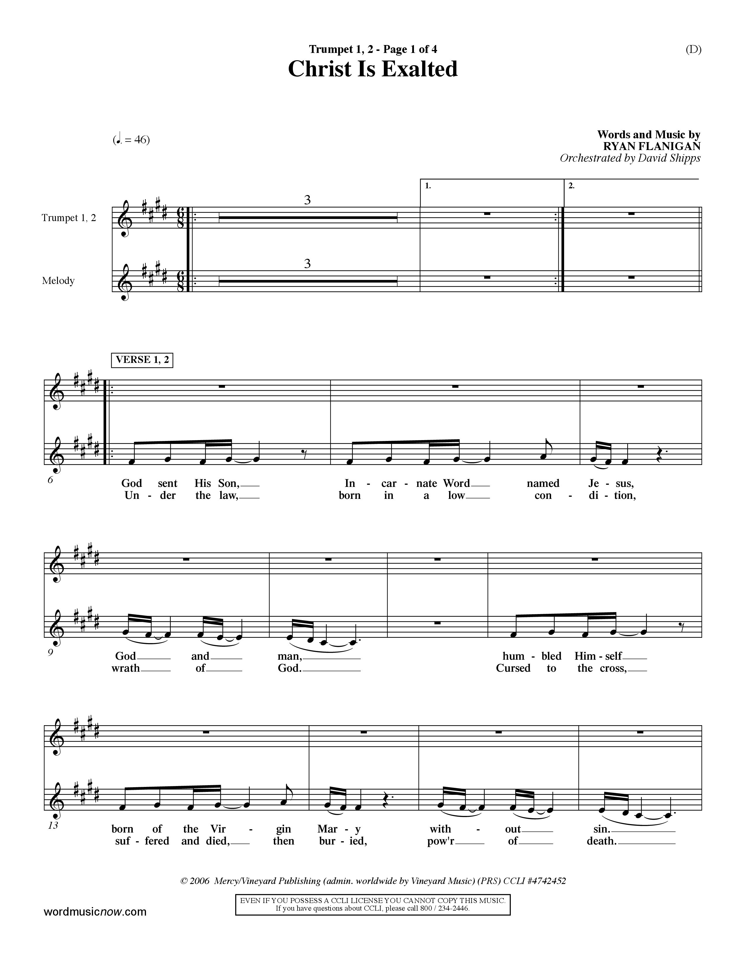 Christ Is Exalted (Choral Anthem SATB) Trumpet 1,2 (Word Music Choral / Orch. David Shipps)