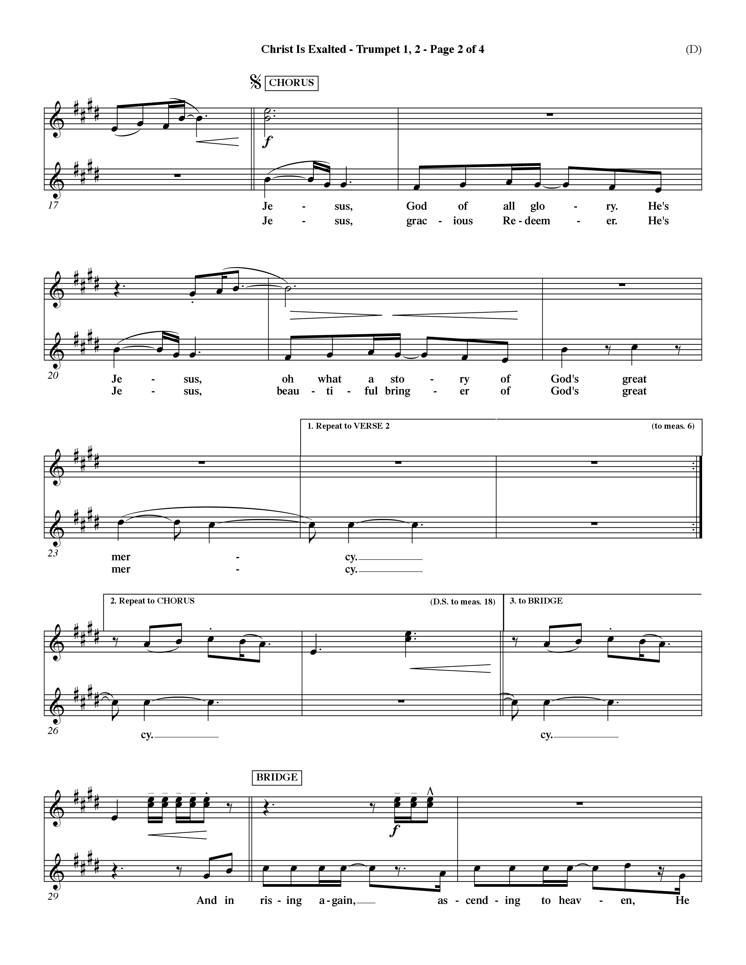 Christ Is Exalted (Choral Anthem SATB) Trumpet 1,2 (Word Music Choral / Orch. David Shipps)