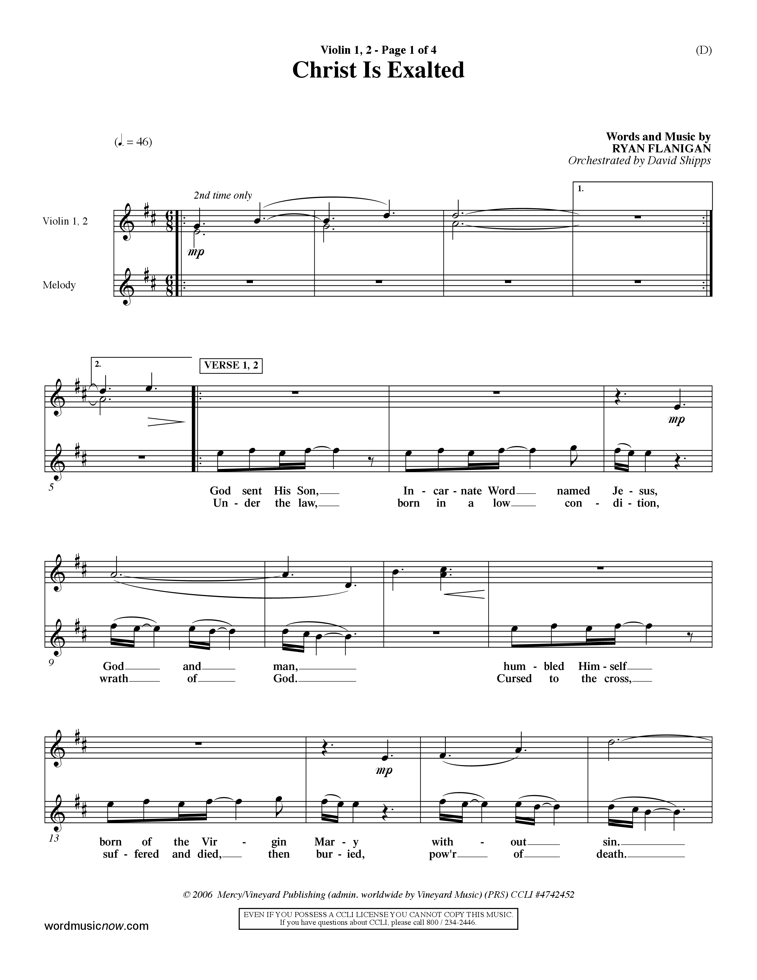 Christ Is Exalted (Choral Anthem SATB) Violin 1/2 (Word Music Choral / Orch. David Shipps)