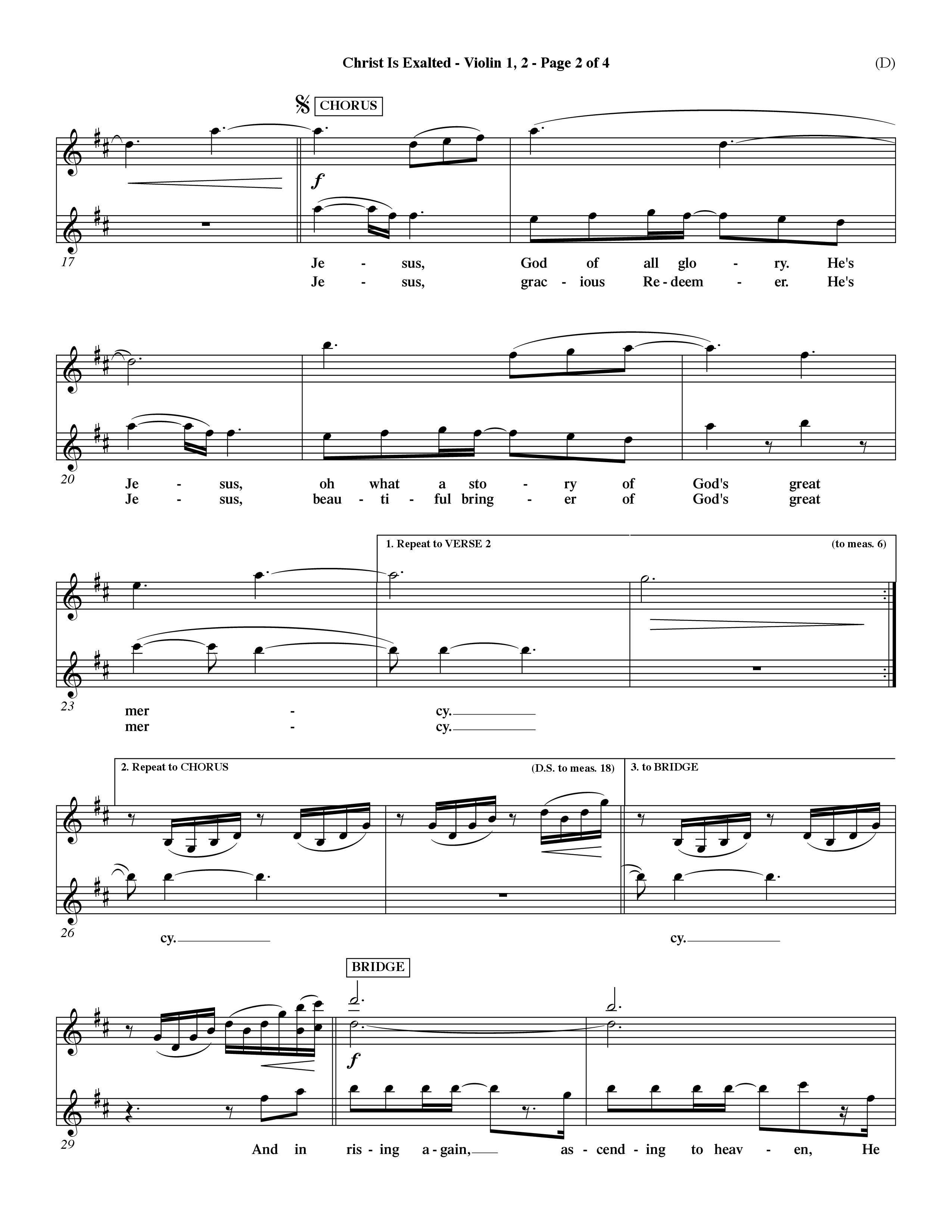 Christ Is Exalted (Choral Anthem SATB) Violin 1/2 (Word Music Choral / Orch. David Shipps)