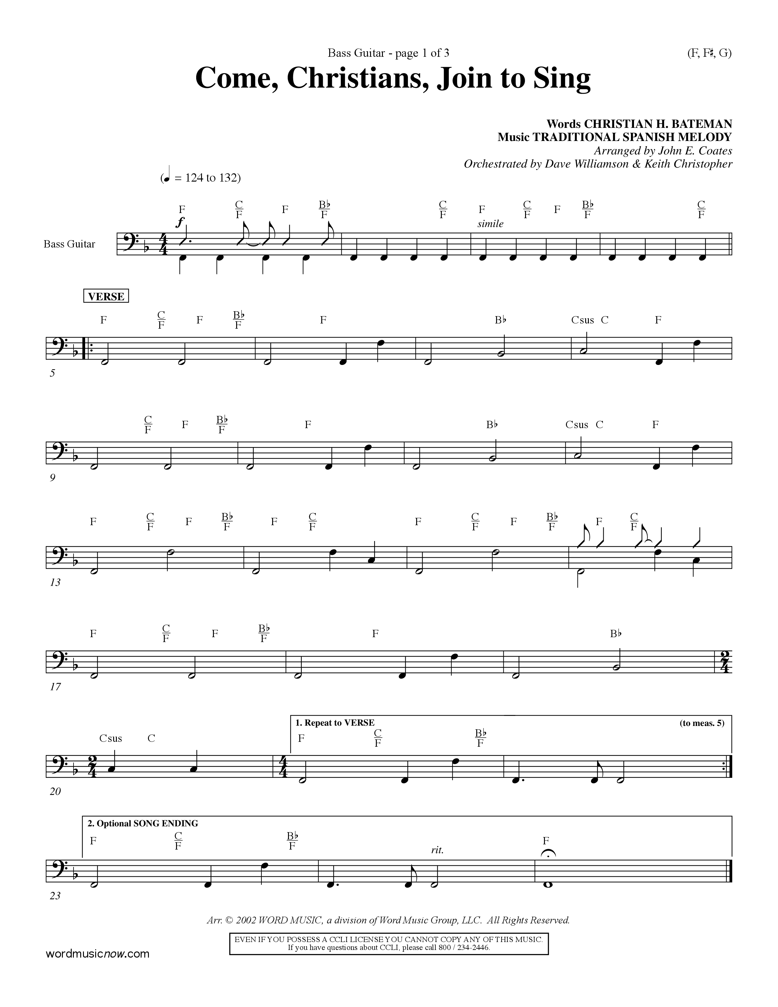 Come Christians Join To Sing Bass Guitar (Word Music Choral / Arr. John Coates / Orch. Dave Williamson / Orch. Keith Christopher)