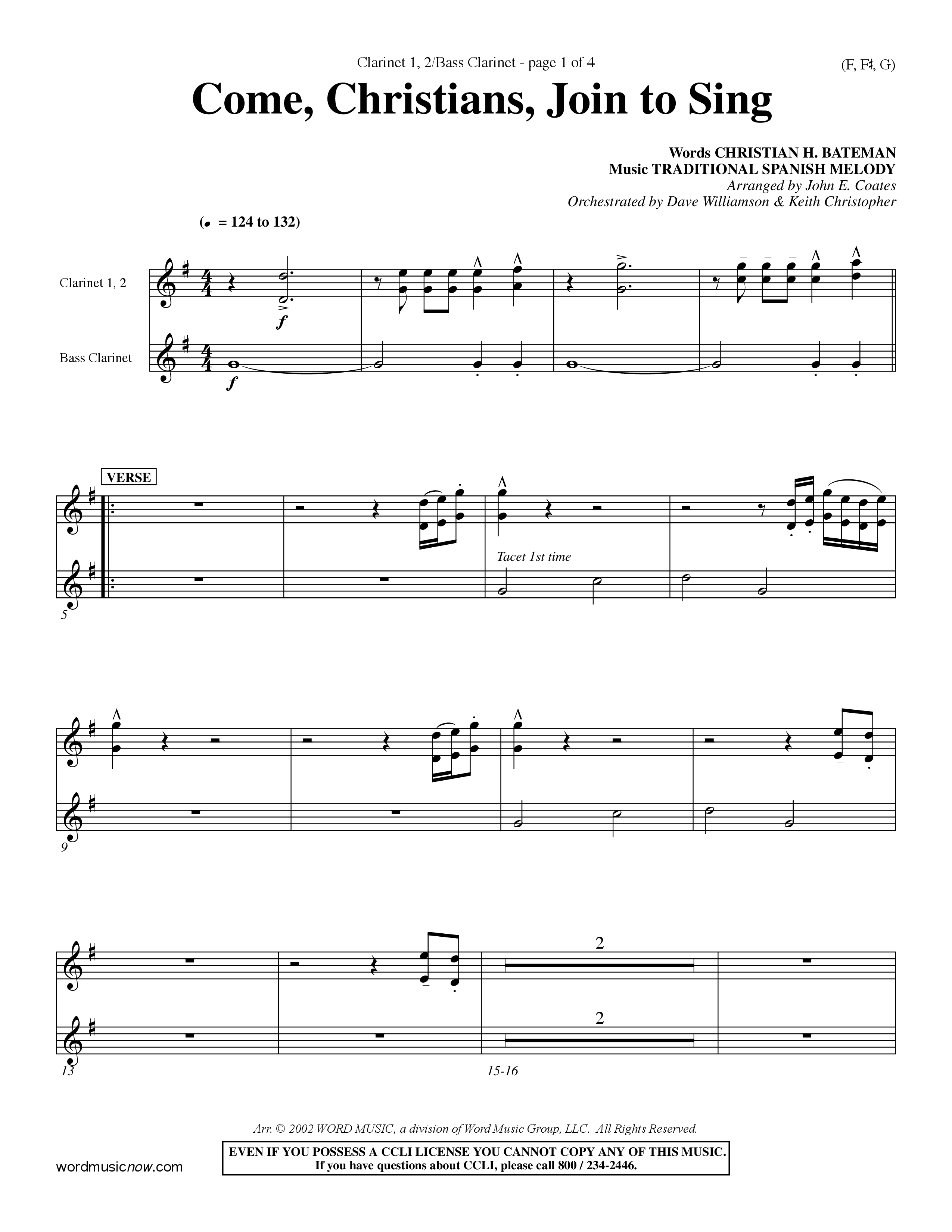 Come Christians Join To Sing Clarinet 1/2, Bass Clarinet (Word Music Choral / Arr. John Coates / Orch. Dave Williamson / Orch. Keith Christopher)