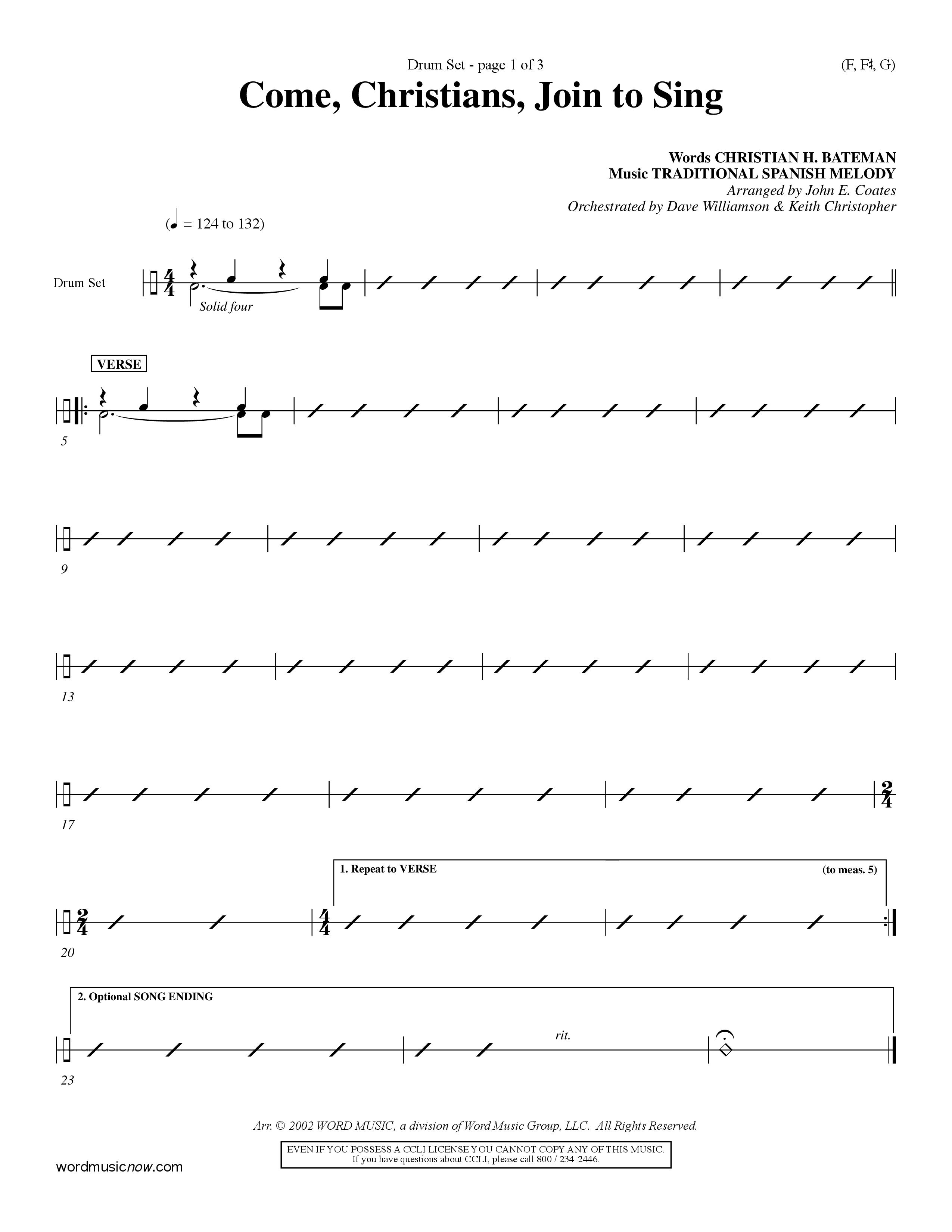 Come Christians Join To Sing Drum Set (Word Music Choral / Arr. John Coates / Orch. Dave Williamson / Orch. Keith Christopher)