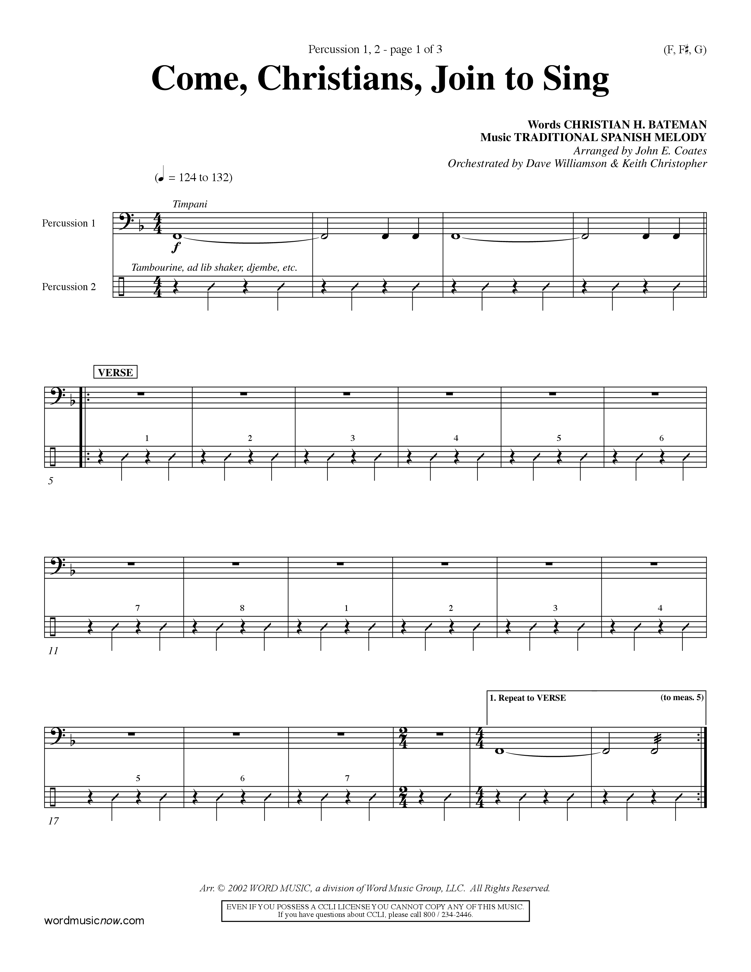 Come Christians Join To Sing Percussion 1/2 (Word Music Choral / Arr. John Coates / Orch. Dave Williamson / Orch. Keith Christopher)